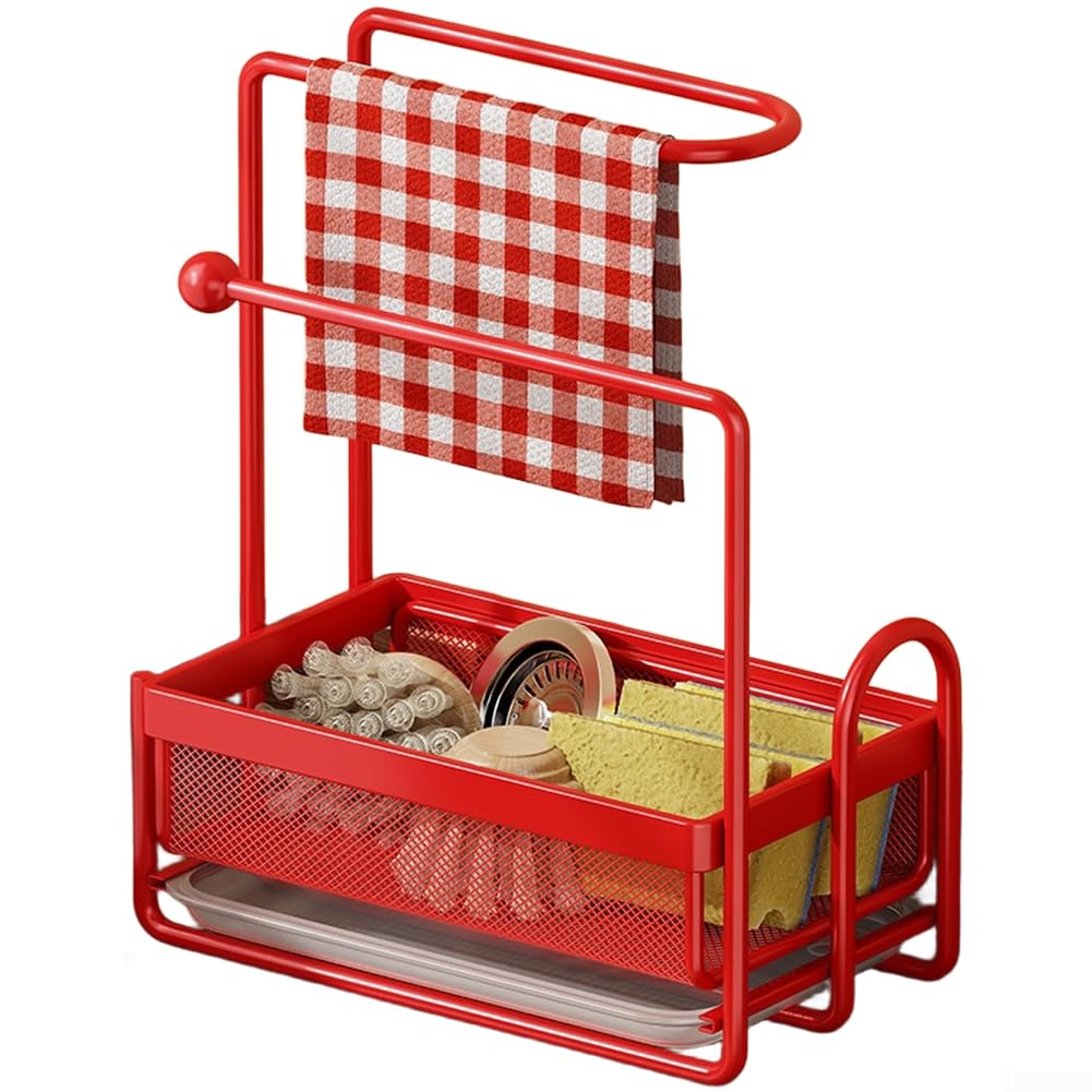 Kitchen Sponge Holder with Drain Board- Narrow Sink Organizer for Countertop Storage- Multi-Purpose Dishcloth Rack for Towels and Cleaning Tools- Space-Saving Iron(Red)