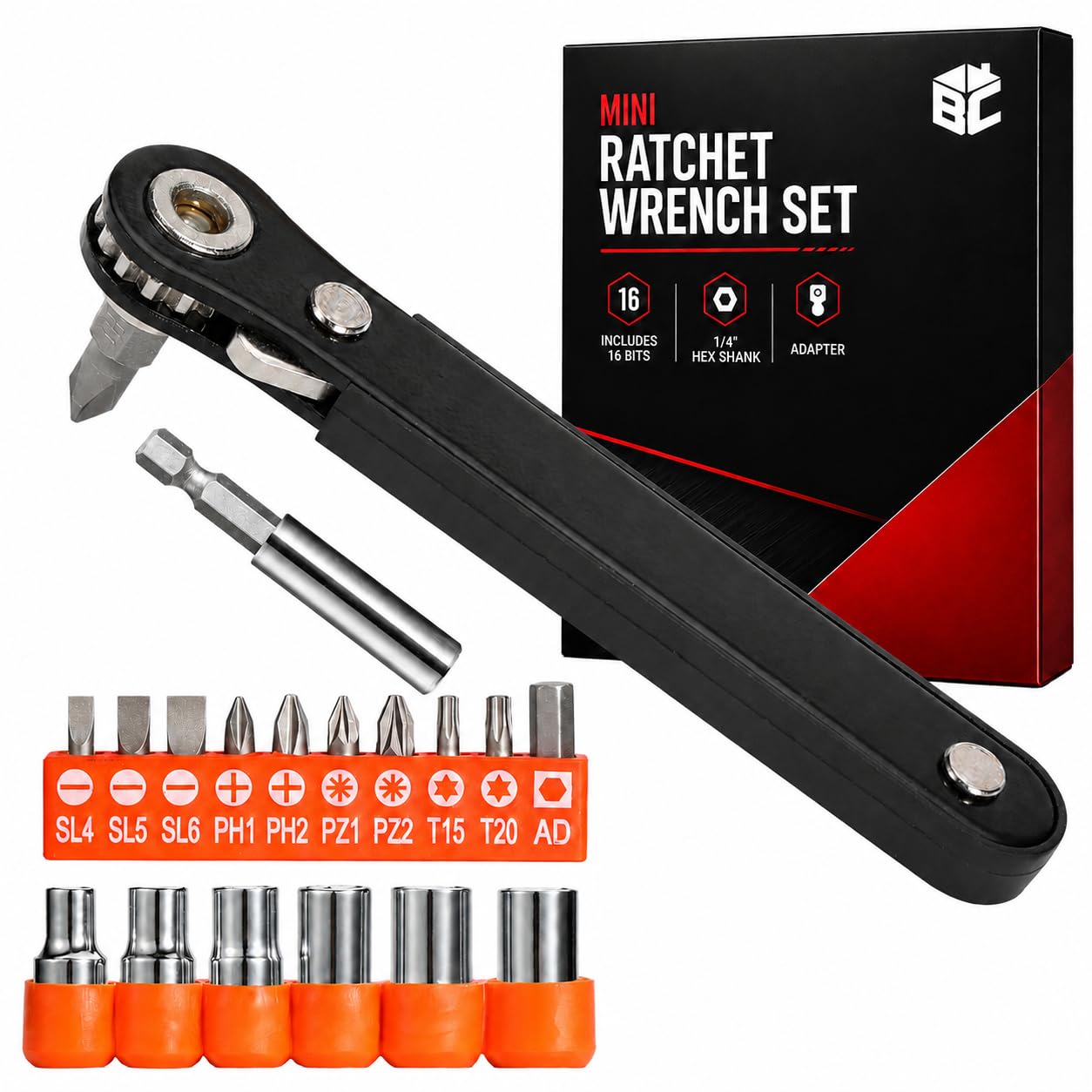 Bates- Low Profile Right Angle Screwdriver with Drill Bits Set, 18 pcs, 1/4" Mini Ratchet Screwdriver with Adapter, Phillips, Slotted, Torx, Pozidriv Bits for Tight Spaces