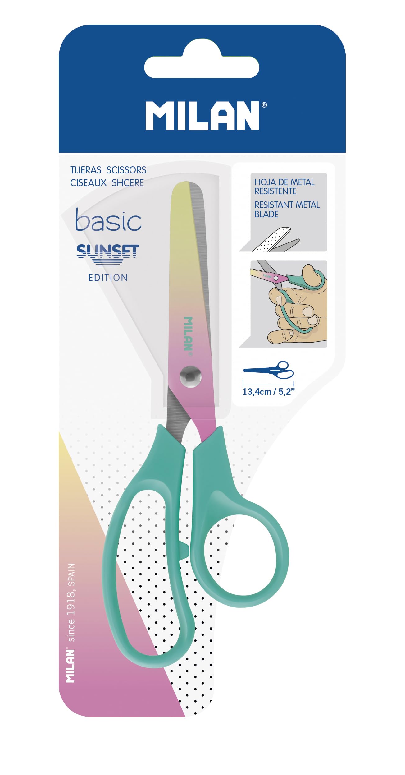 MILAN Blíster tijeras Basic edición Sunset, mango turquesa