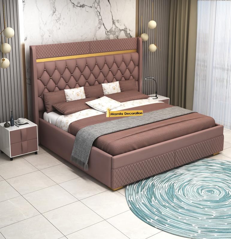Image of MAMTA DECORATION Solid Wood King Size Bed with Box Storage | Premium Velvet Upholstered Tufted Headboard Palang Cot Bed | Modern Wooden Double Bed for Bedroom, Home, Hotel & Guest Room | Onion Pink