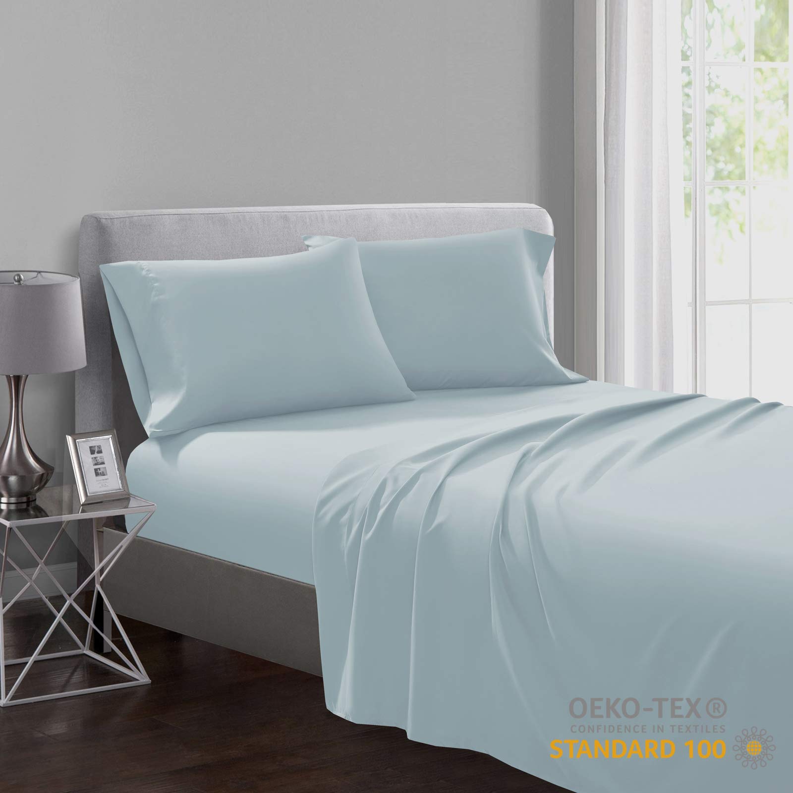 SHALALA NEW YORKOeko-TEX Certified Sheet Set - Soft Brushed Microfiber – Wrinkle Free and Hypoallergenic - 1 Fitted Sheet (14 Inch Deep Pocket) 1 Flat Sheet 2 Matching Pillowcases (Sky Blue, Full)
