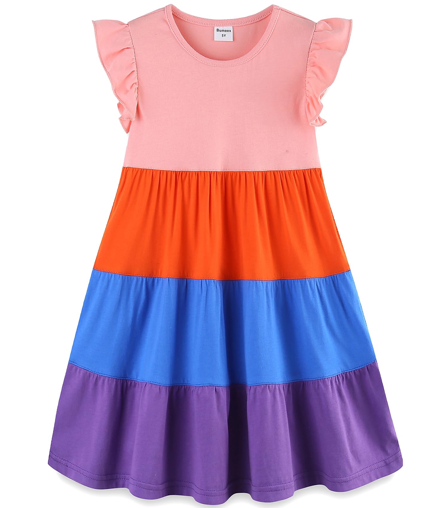 Bumeex Girl's Dresses Cotton Ruffle Sleeve Tiered Swing A-Line Cute Midi Casual Sundress