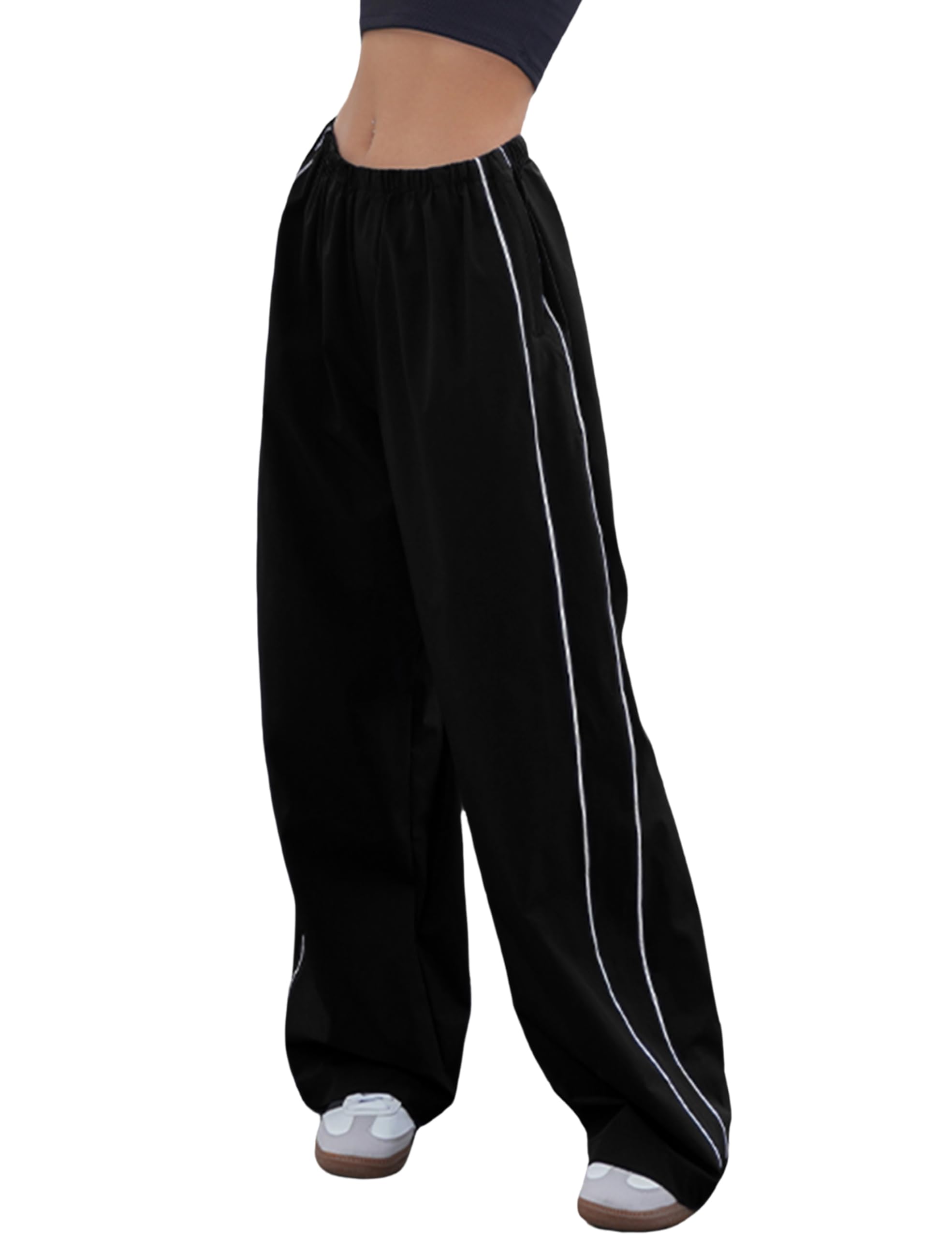 Womens Parachute Pants Baggy Track Y2K Black Elastic Waist Wide Leg Trousers