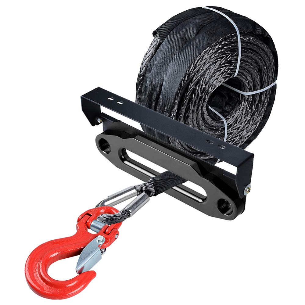 amopacorp 95 ft x 3/8 inch Gray Synthetic Winch Rope with Set Black Flip-Up 254mm Hawse Fairlead Mounted License Plate Holder and 10