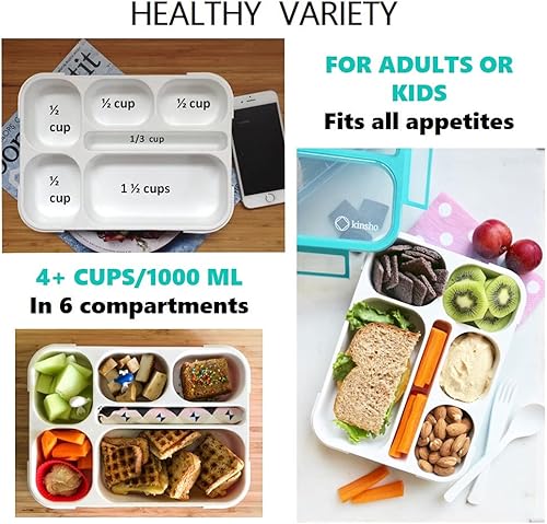 Miniatura 3 de kinsho Caja Bento para niños, loncheras con 6 compartimentos para la escuela, niños y niñas, adultos, a prueba de fugas, sin BPA, verde azulado +
