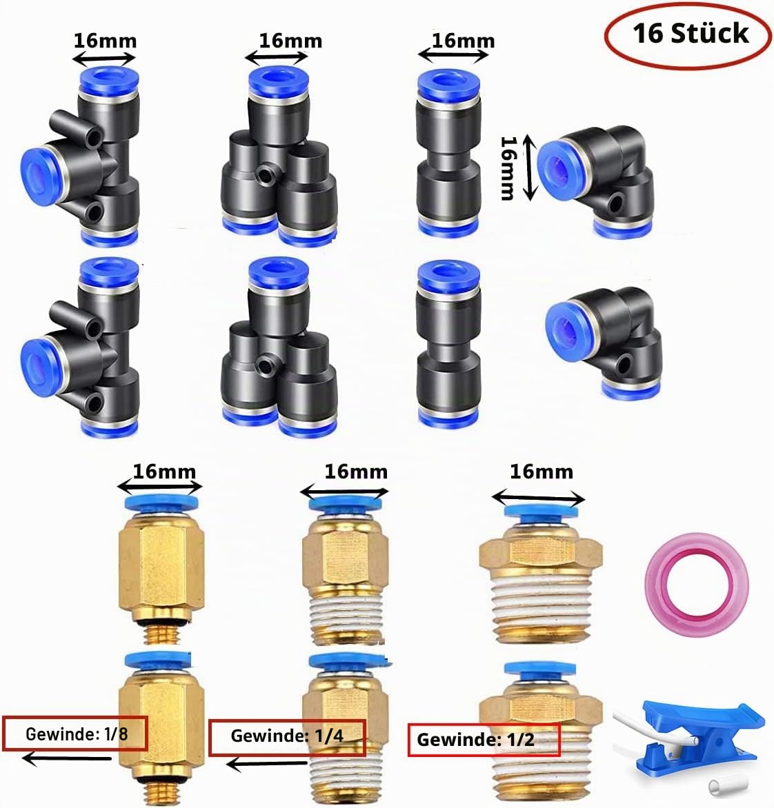 Blau 10M Polyurethanschlauch 16 mm Außendurchmesser X 12 mm Innendurchmesser PU-Luftschlauch mit 14 Verbindungssätzen und Schneider, flexibel und wetterfest