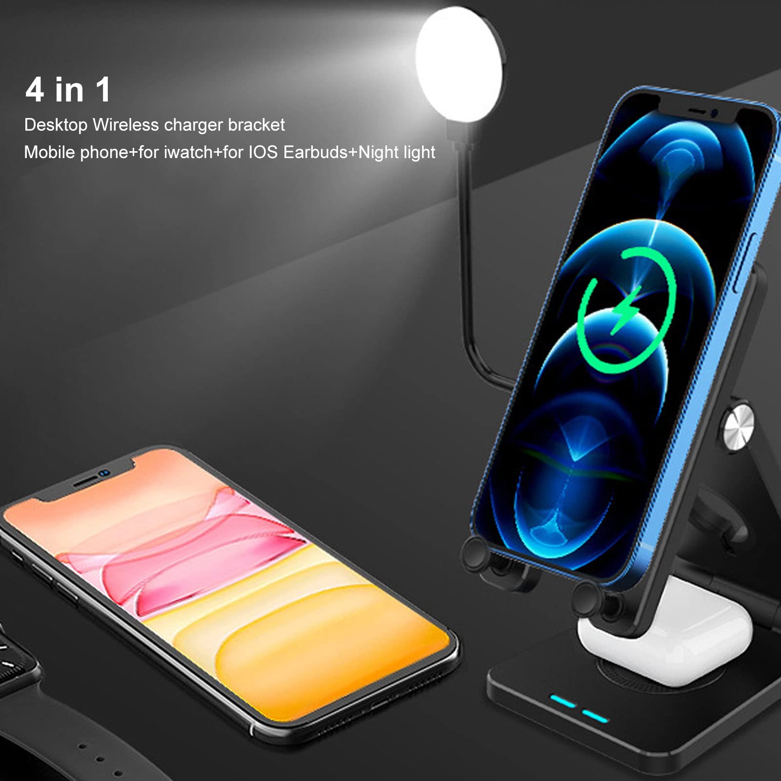 Cargador inalámbrico 4 en 1 estación de carga plegable de 18 W, compatible con carga de auricular de reloj de teléfono móvil(Negro)
