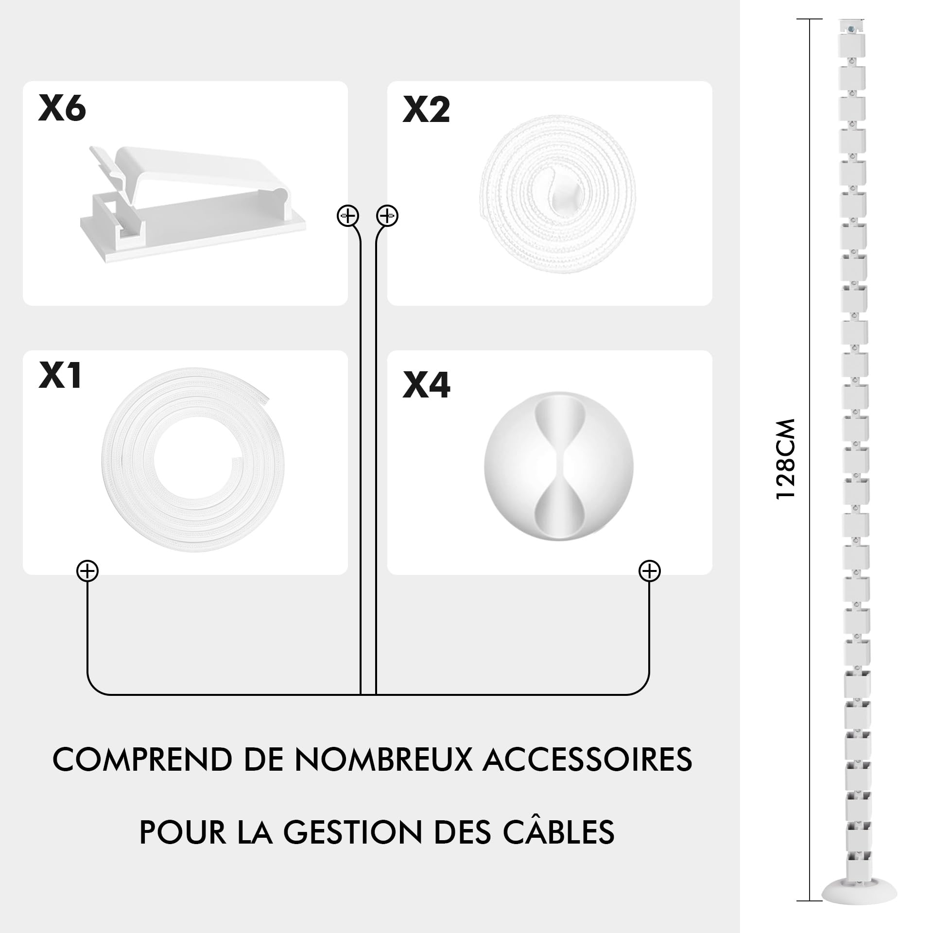 Mimoke Guide-câbles Slim Line Longueur : 1290 mm Gaine de câble Gestion des câbles à montage vissé Spine Organisateur de câbles modulaire (Blanc)