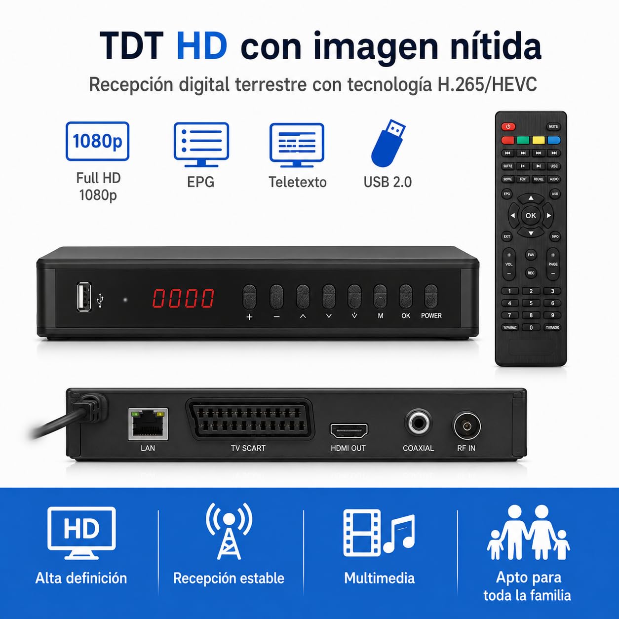 2026 Nuevo Español TDT Decodificador TV DVB-T T2 H265 HEVC FTA Full HD PVR, USB, HDMI, SCART, Sintonizador de TV Digital Terrestre, Receptor Digital de Alta definición Full HD 1080p (3)