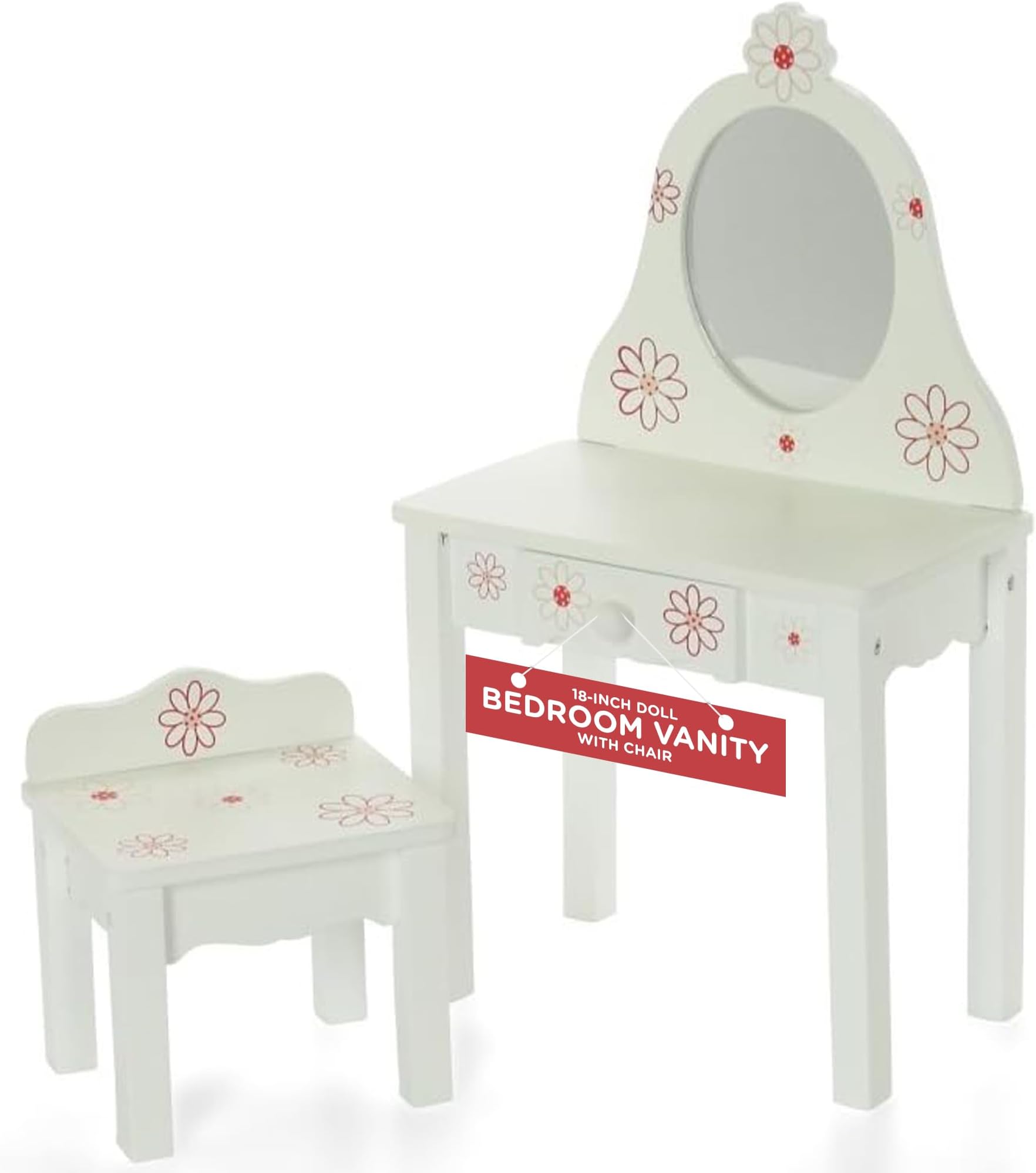 18 Inch Doll Vanity & Bench Seat with Storage Set โ Furniture for Dolls | Floral Doll Bedroom Collection piece, includes mirror, drawer, storage stool (lift up lid) - Fits American Girl Dolls