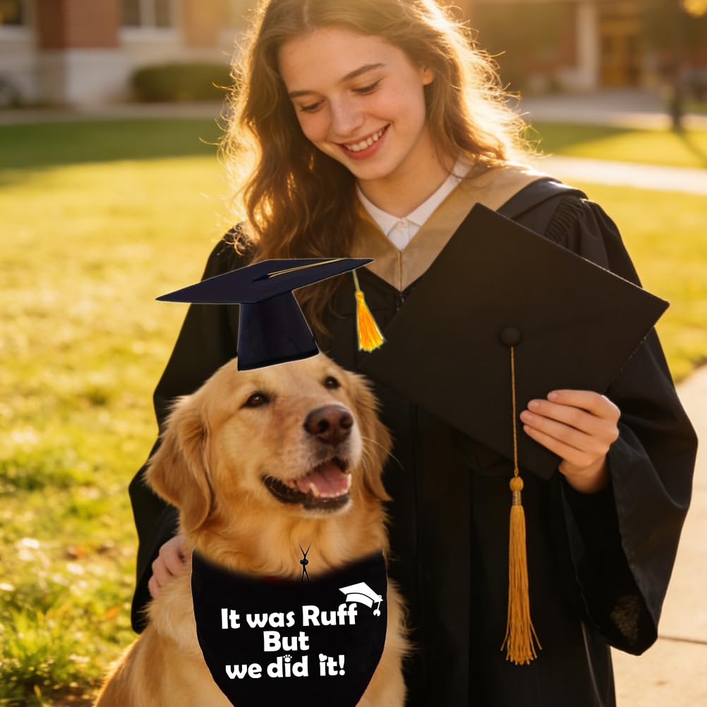 2026 Dog Graduation Bandana and Cap Set It was Ruff but We Did It Black Graduation Dog Outfits with Tassel Adjustable Graduation Cap for Small Medium Large Dogs Cute Pet Costume Photo Prop Cotton - 3