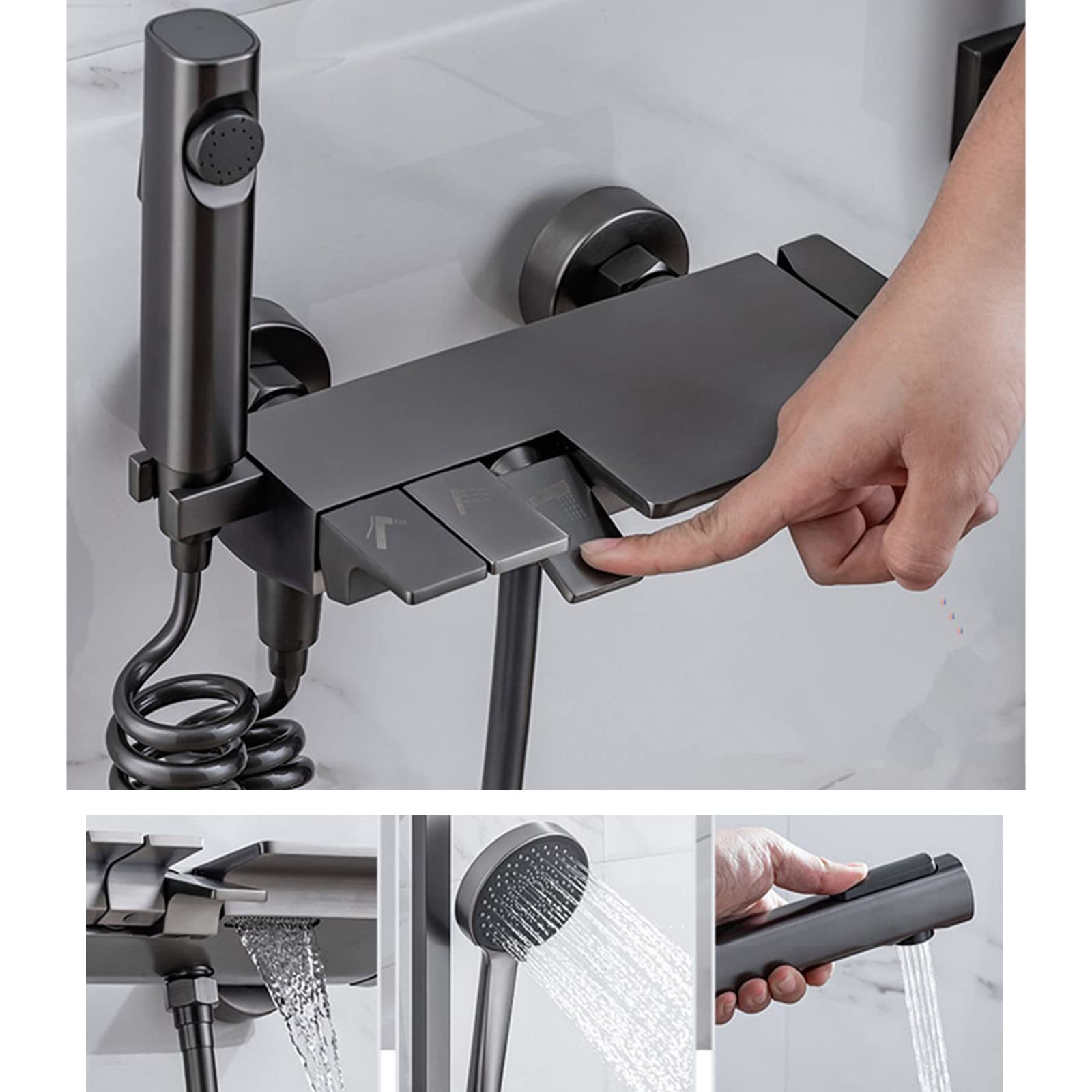 Rubinetto miscelatore a cascata in ottone grigio con pistola a spruzzo multifunzione per vasca da bagno ad alta efficienza