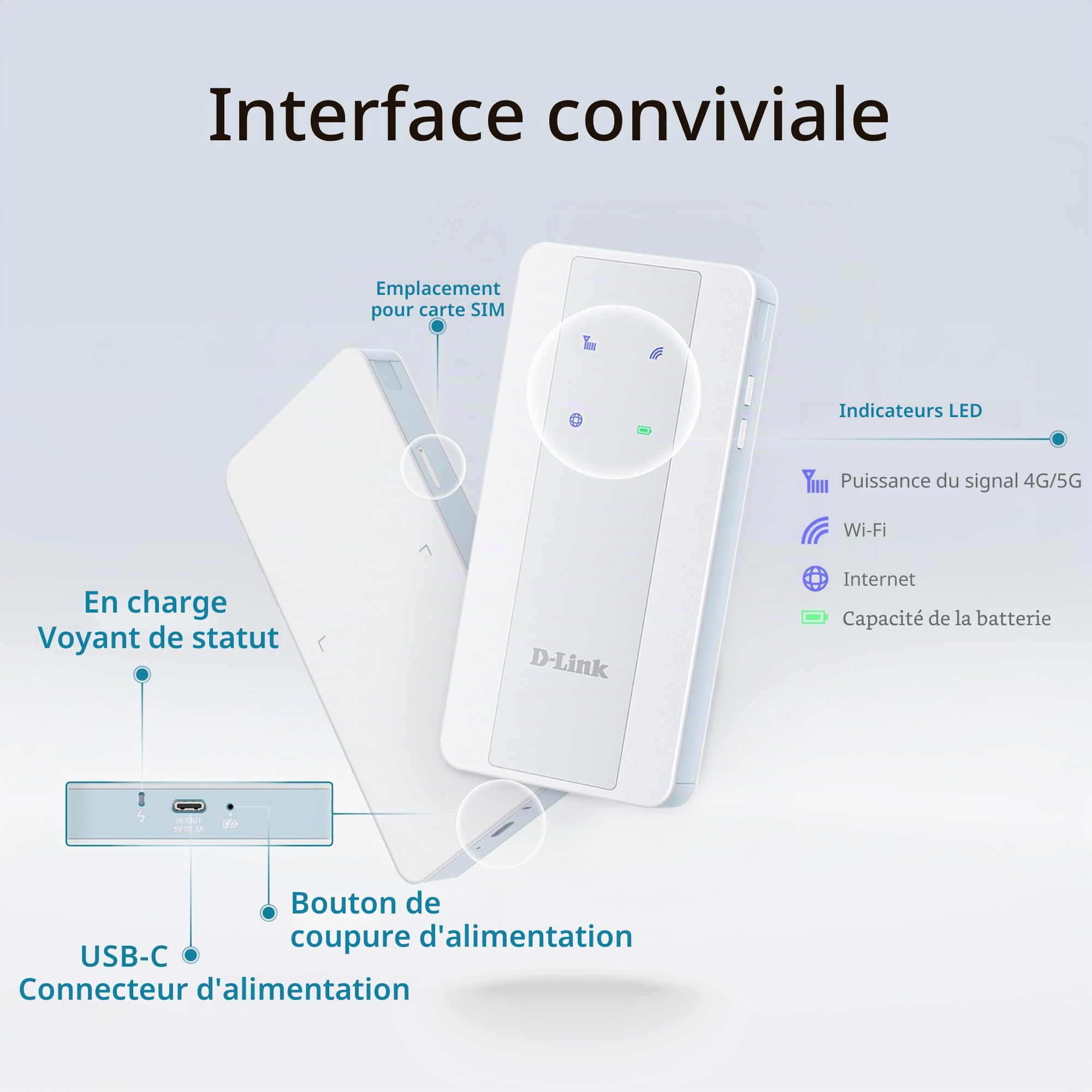 D-Link F518 Hotspot Mobile 5G NR AX1800 Wi-FI 6 – Routeur 5G Portable avec Fonction Power Bank, Batterie Longue Durée, Wi-FI Double Bande, Sécurité WPA3