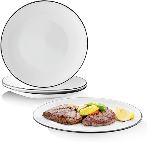 YOLIFE Plato llano de 10 pulgadas, juego de 4 platos de porcelana con ribete blanco y negro