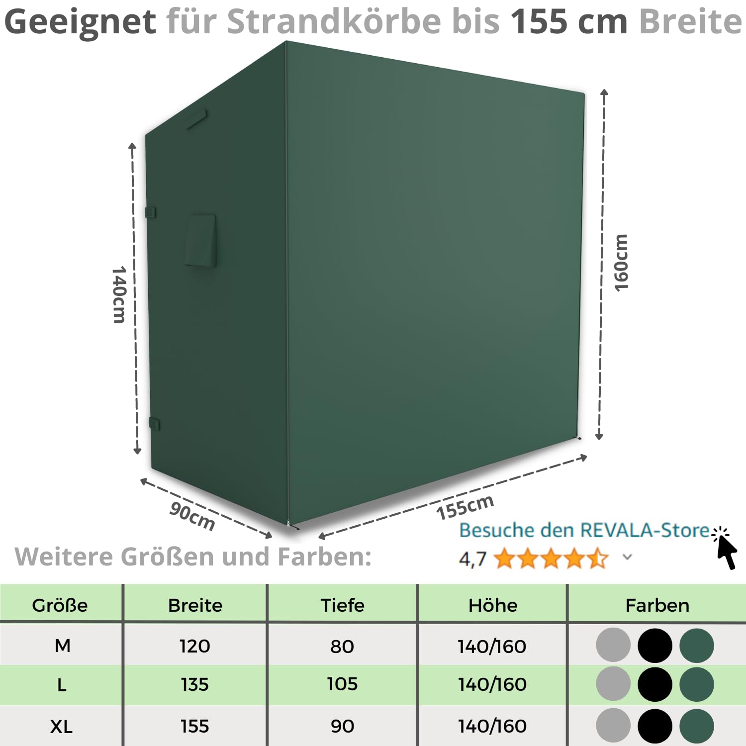 REVALA® Strandkorb Schutzhülle Winterfest | Abdeckung Strandkorb 2 sitzer | Strandkorbhülle 155 x 90 x 160 | UV-beständige Hülle Strandkorb XXL wasserdicht aus 600D Oxford | Inkl. Aufbewahrungstasche