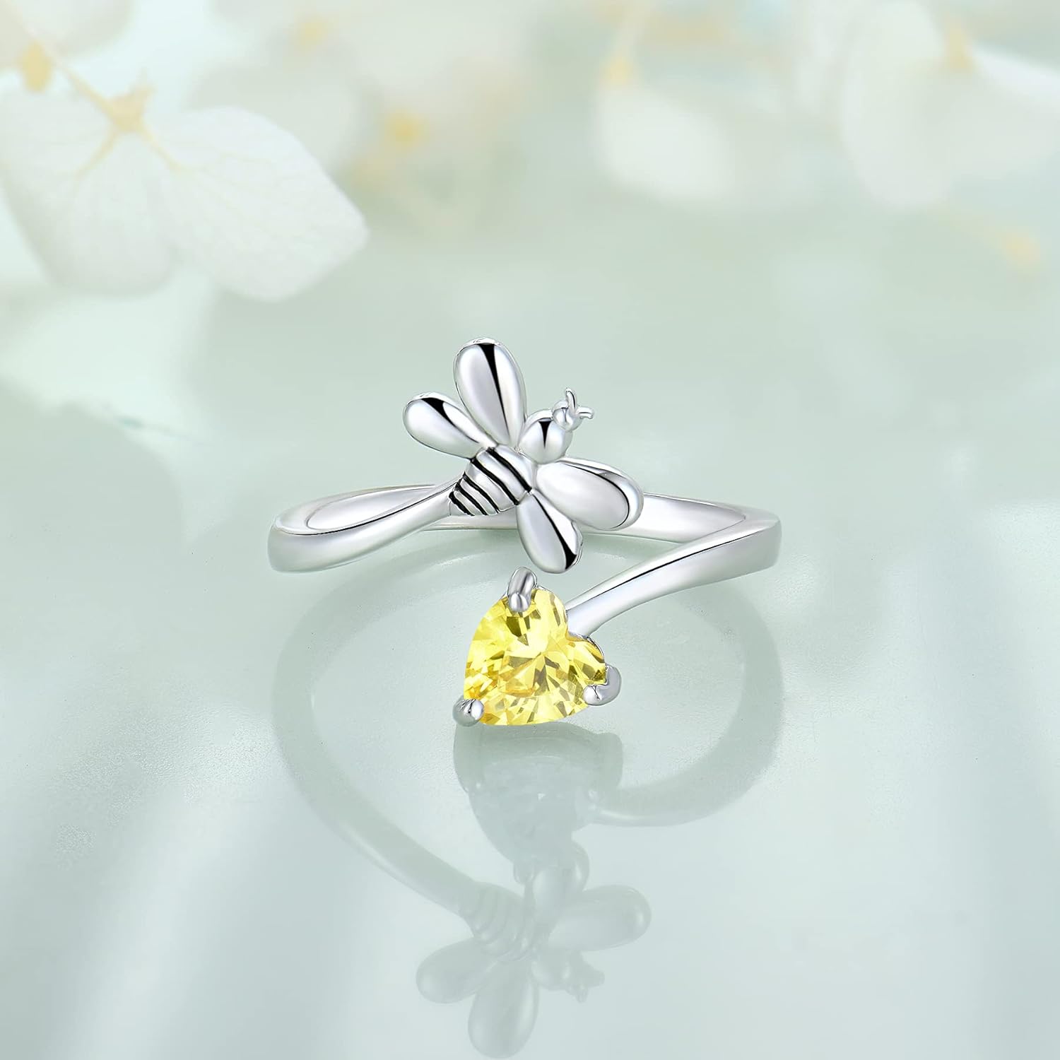 FJ Bee Ring 925 Sterling Silver Birthstone Adjustable Open Ring for Women Size 5-12