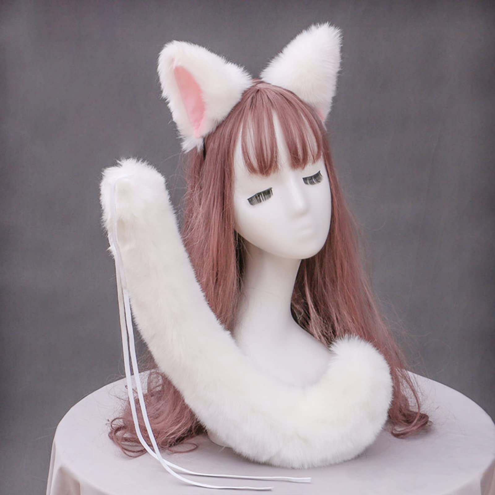 ITODA Faux Ears Headband and Tail Set Halloween Animal Cosplay Hair Hoop Soft Faux Fur Headband Fancy Dress Costume for Kids Adult Halloween Party