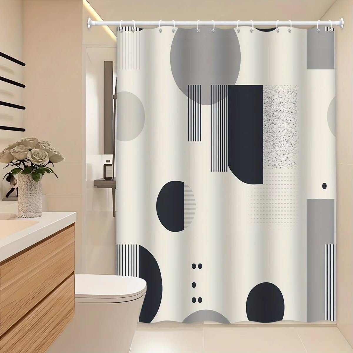 KELAIMI Beige Grey Geometric Shower Curtain,Abstract Circle Simple Bathroom Curtains,Washable Quick Dry Polyester Fabric Bathtub Curtains with Hooks Grey 90X180Cm