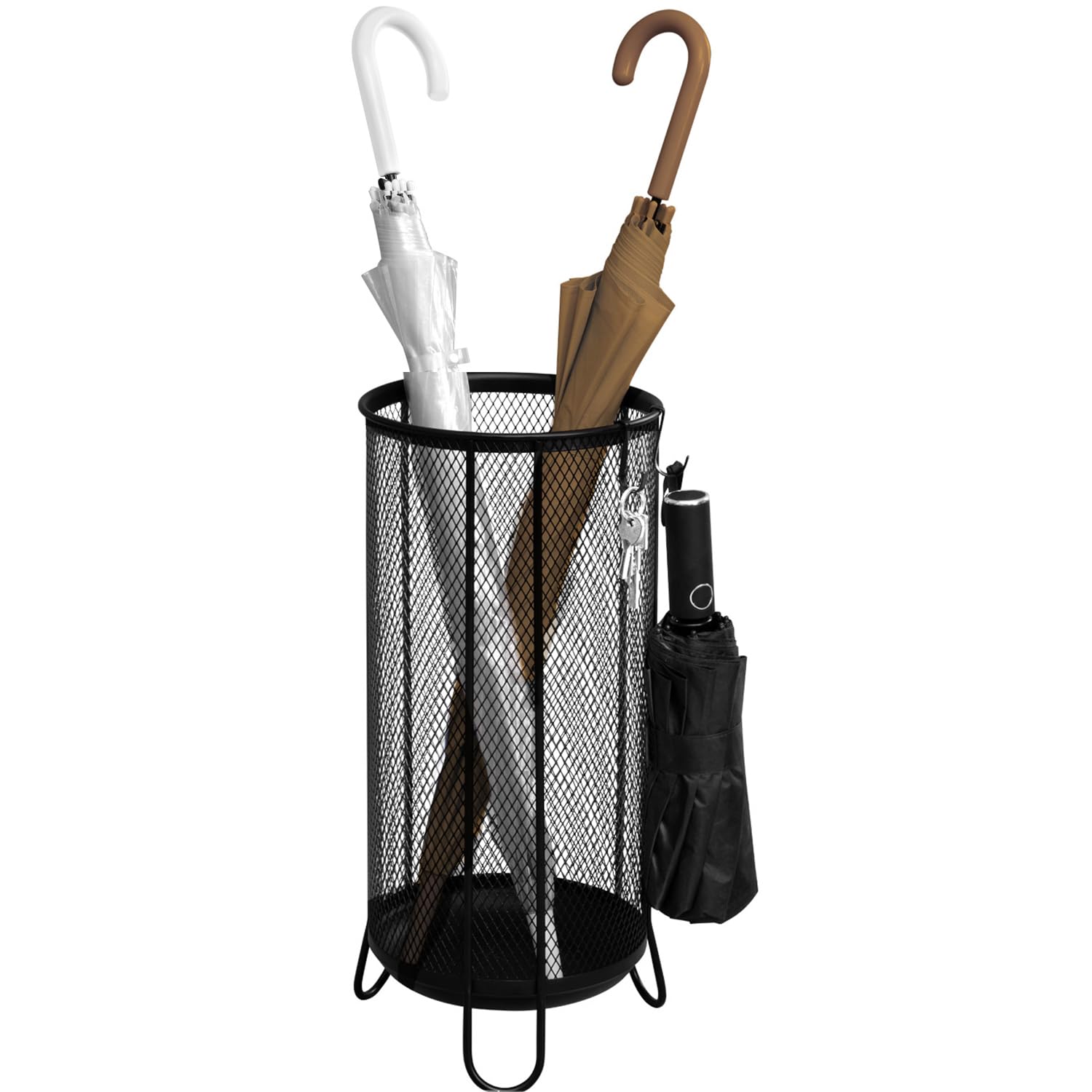 WOLTU Regenschirmständer Metall, Ø23xH49cm, aus Drahtgitter, runder Regenschirmhalter, Stockhalter, 4 Haken, für Faltschirme Taschenschirm, Anthrazit