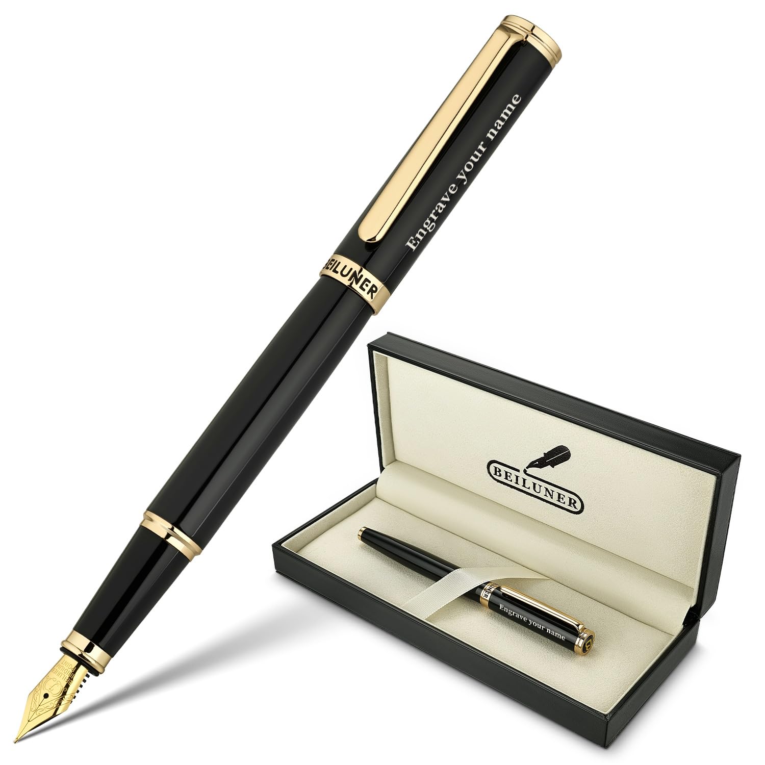 BEILUNER Black Personalized Fountain Pen,Stunning Luxury Lacquer,24K Gilded Nib(Fine),Gorgeous 24K Gold Finish, Ink Converter,Fancy Office Gift for Men&Women-Elegant, Graduation,Nice Pens for Writing