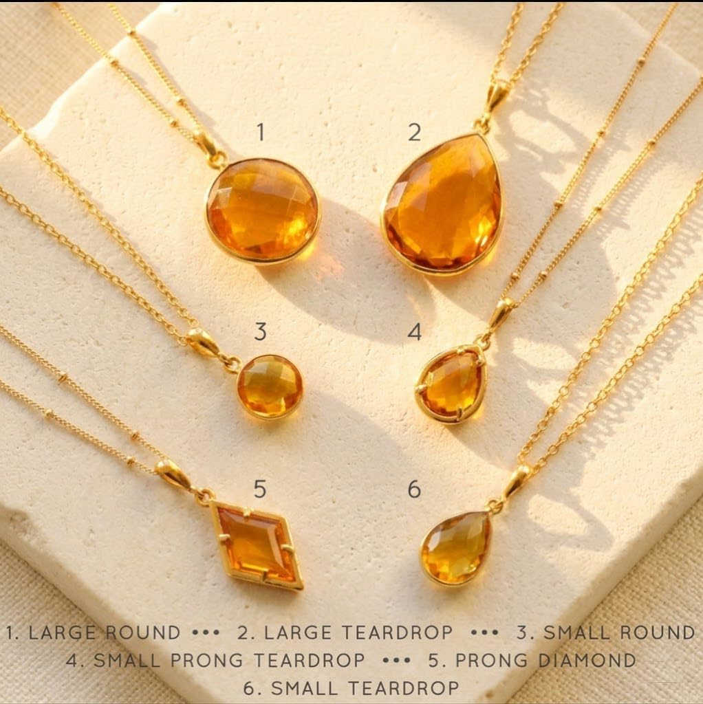 14k Gold Filled Citrine Necklace, November Birthstone • 925 Sterling Silver Custom Champagne Citrine Gemstone Necklace • Yellow Topaz Quartz Christmas Gift for Women • Teardrop Round or Diamond Shape