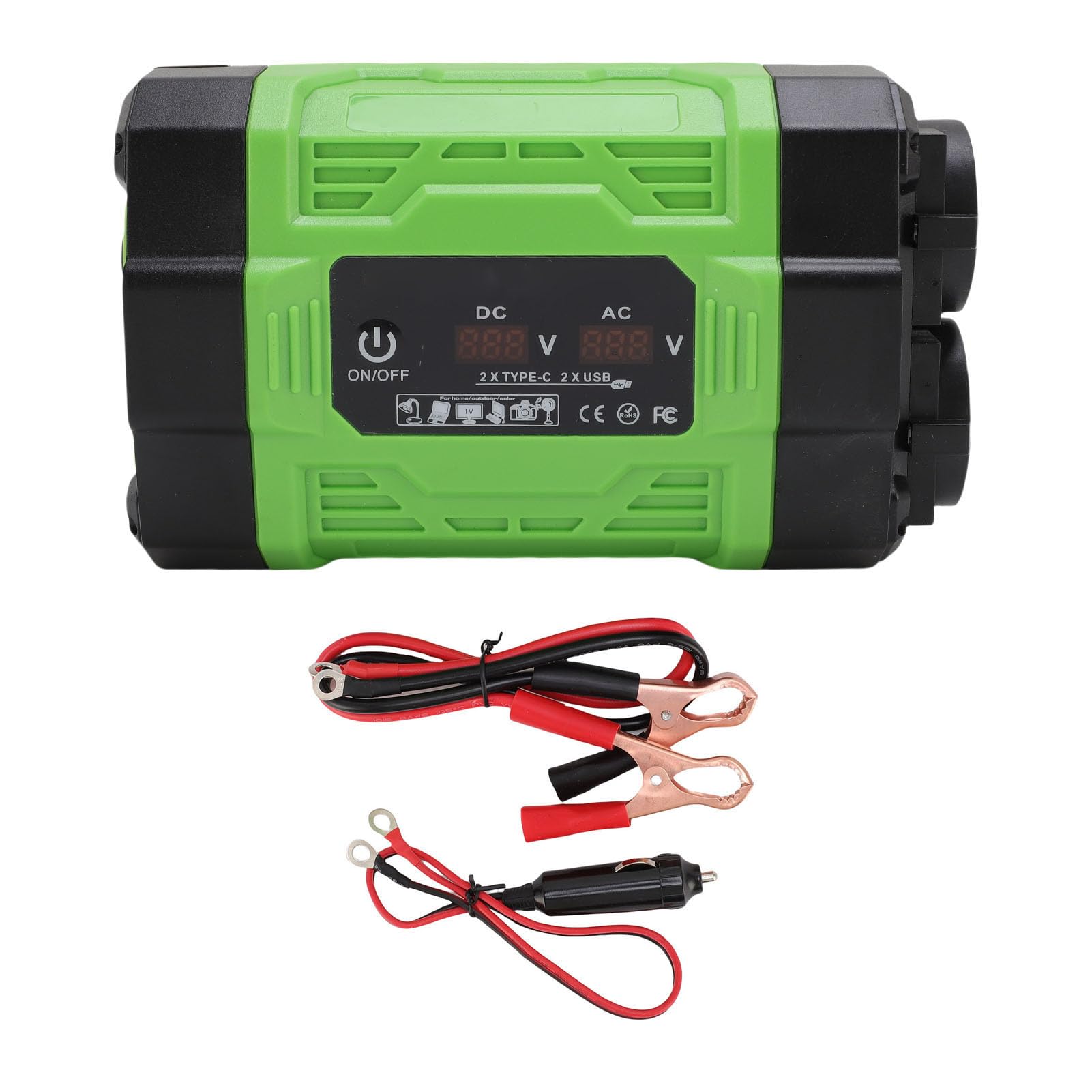 Falownik Samochodowy 300W, Przetwornica 12V na 220V z 2 (wtyczka | Podwójne porty USB C i USB A, wyświetlanie napięcia w czasie rzeczywistym, szybkie ładowanie podczas podróży, biwakowania i
