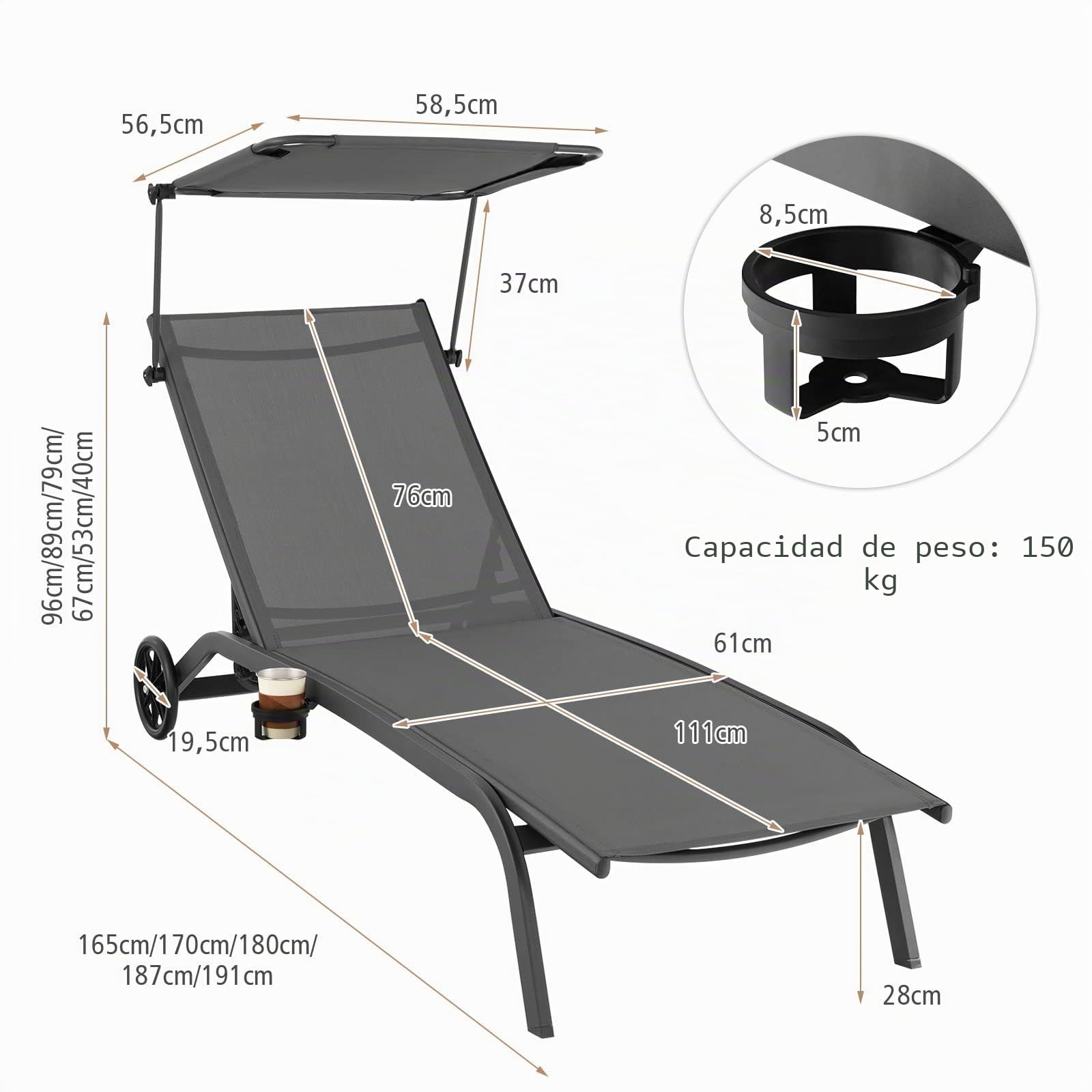 COSTWAY Tumbona Jardin Reclinable 6 Niveles, 2 Ruedas, Tumbona Playa Parasol Ajustable y Portavasos, 191 x 61 x 96cm, Carga 150kg, ExteriorTerraza Balcón Piscina (Gris,2)