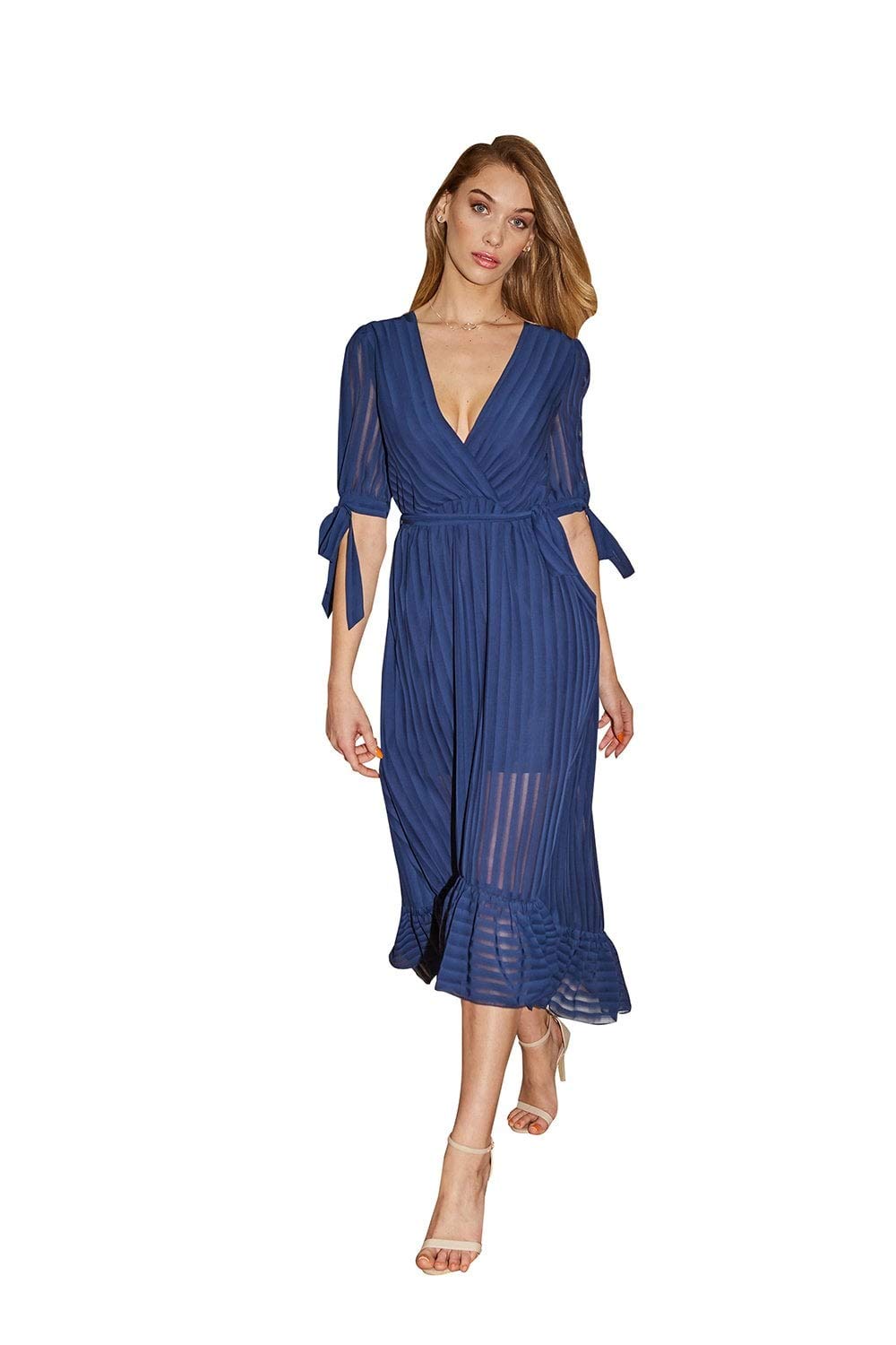 Little MistressBailey Navy Stripe Mock Wrap Maxi Dress 8 UK Navy'