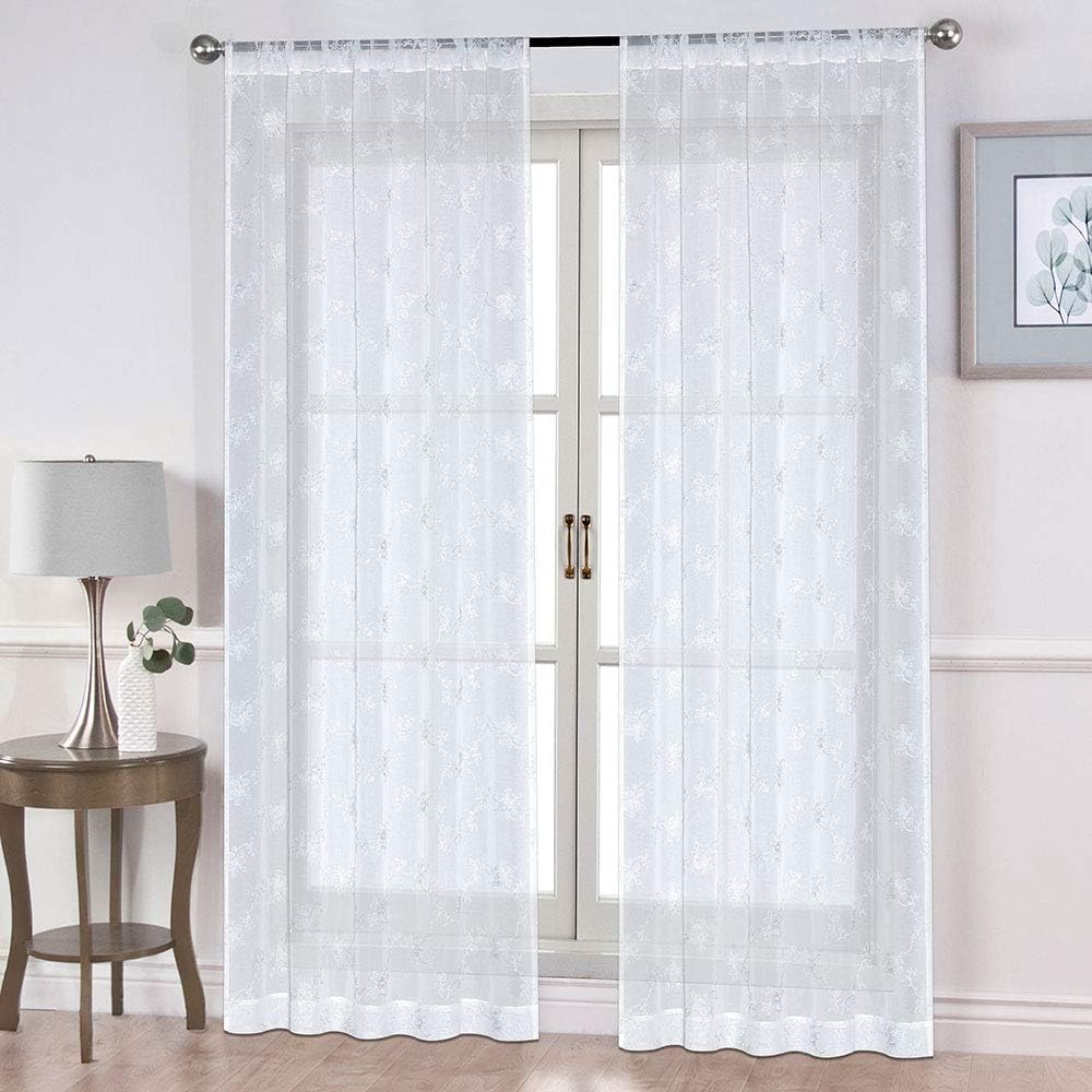 North Hills Floral Rose Embroidery Sheer Curtains for Living Room, Linen Textured Rod Pocket Semi Sheer Voile Drapes for Bedroom (White, 52" W × 63" L, 1 Panel)