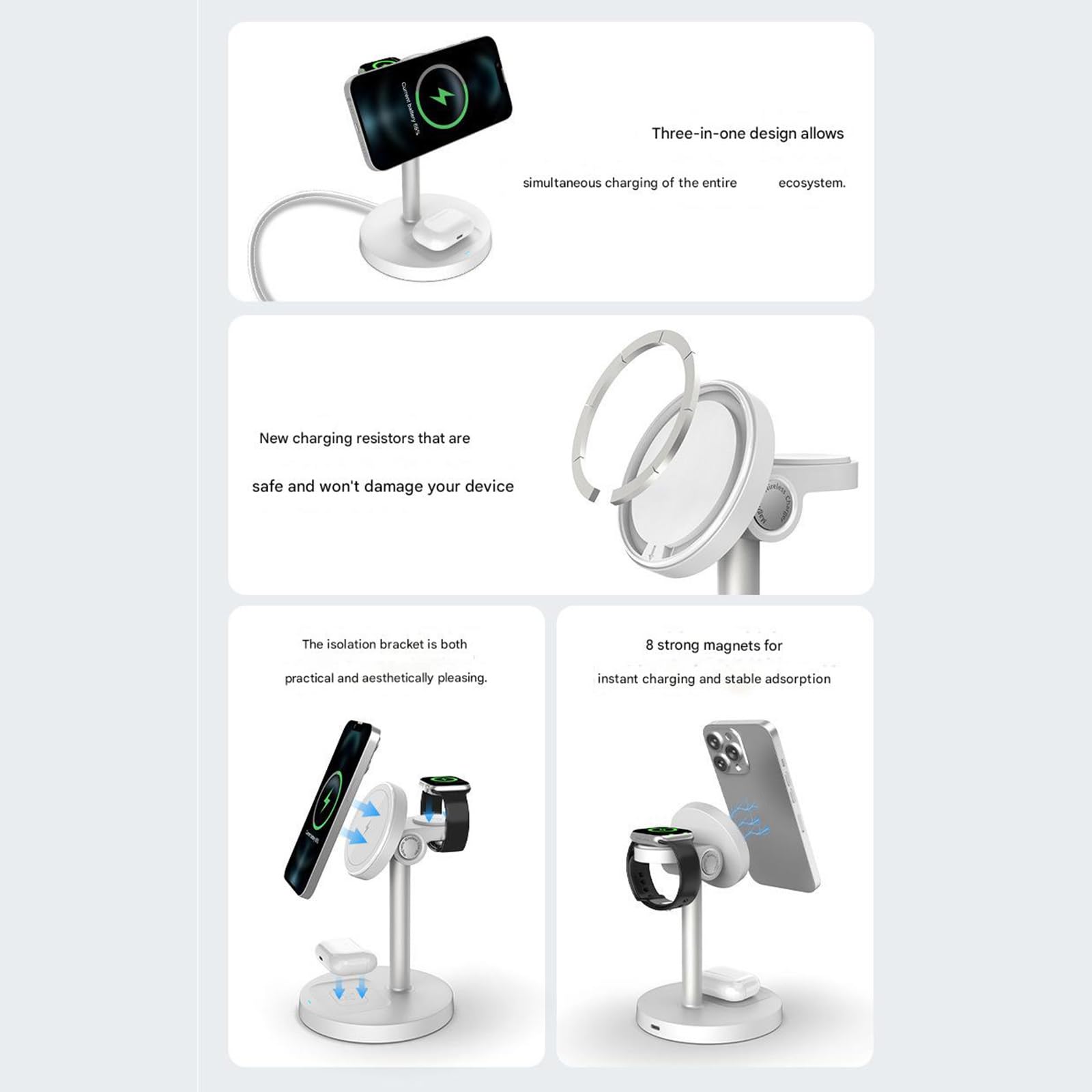 Stazione ricarica 3 in 1 Supporto magnetico da, White | Ricarica rapida per più dispositivi, dock ricarica magnetico, rilevamento oggetti estranei, smartwatch,
