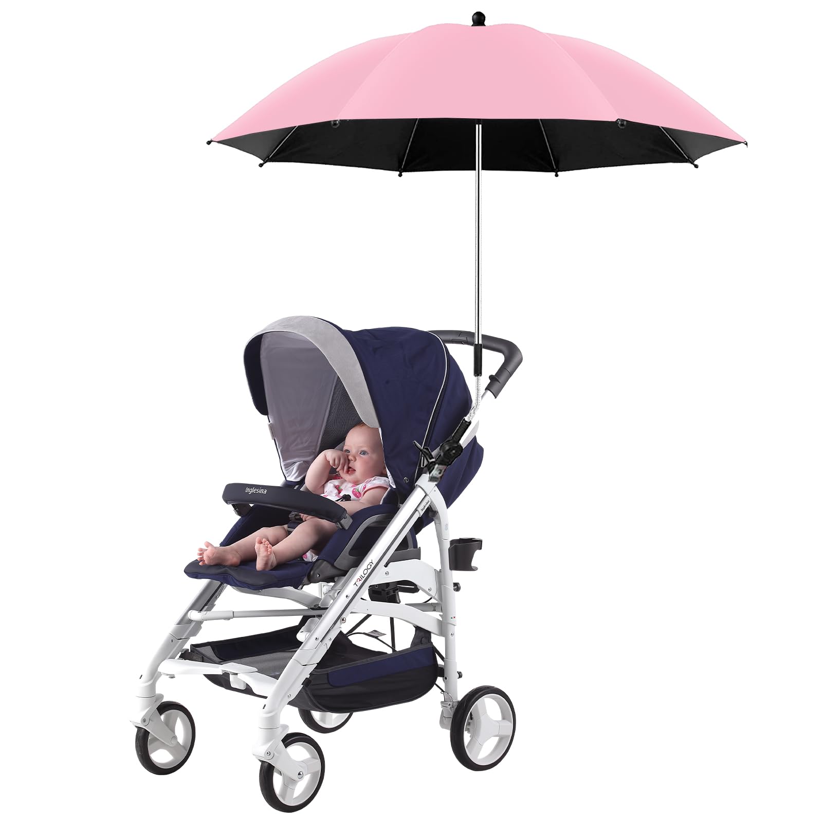 30in Pram Parasols Adjustable Chair Sunshade for Beach Garden Walking, Universal Clip on Stroller Umbrella for Wheelchairs Bikes Pushchair Golf Carts (Pink)