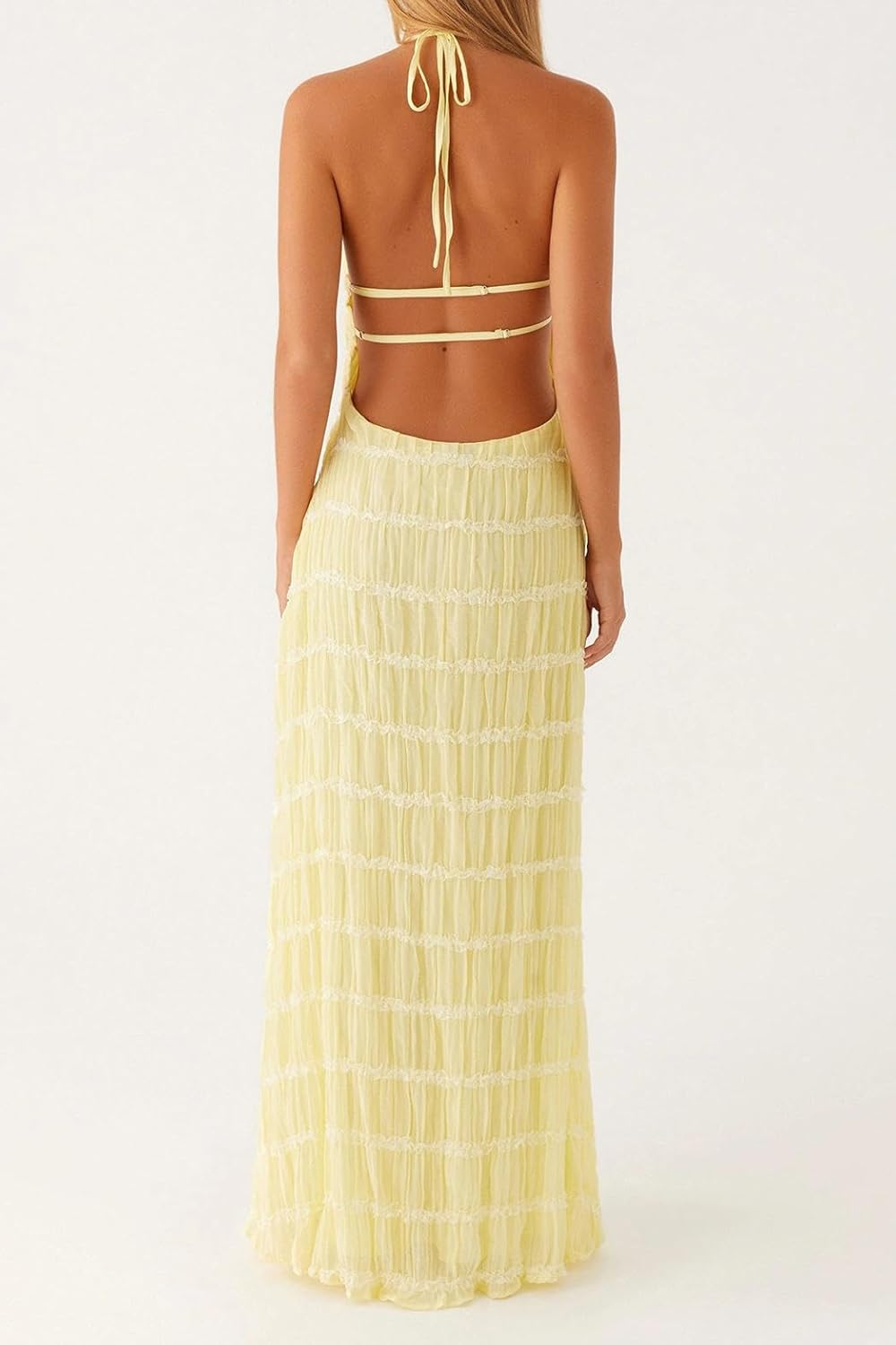 ABYOVRT Women Backless Dress Sleeveless Textured Halter Open Back Maxi Dresses Vacation Wedding Guest