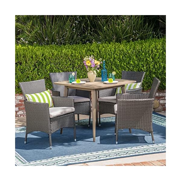 Christopher Knight Home Jo Outdoor 5 Piece Wood and Wicker Dining Set, Gray Finish/Gray - Image 3