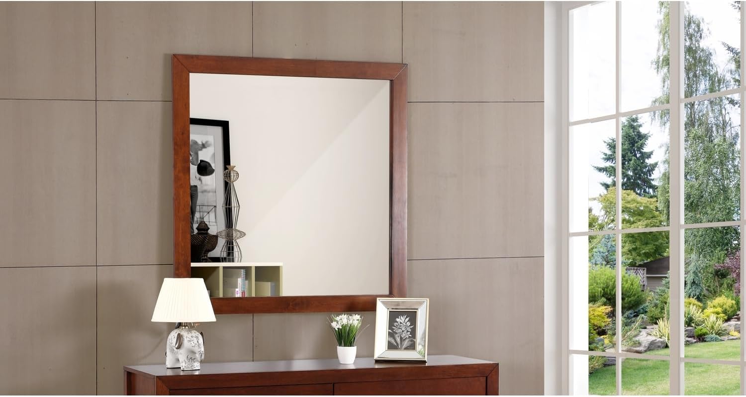 HomeStock Coastal Craftsman Cherry Frame Mirror - Dresser Mount Mirror with Clear Reflection Glass