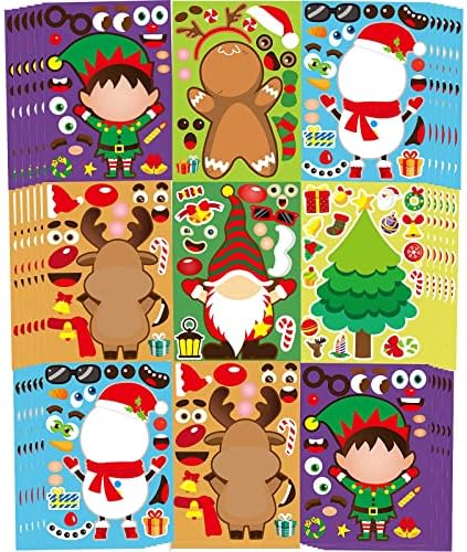 36 Sheets Christmas Party Games Sticker, Make Your Own Gnome Gingerbread Man Snowman Reindeer Face Christmas Character Stickers, Mix and Match Sticker Sheets Christmas Crafts Activities Sticker for Kids Boys Girls Winter Holiday Christmas Party Favors