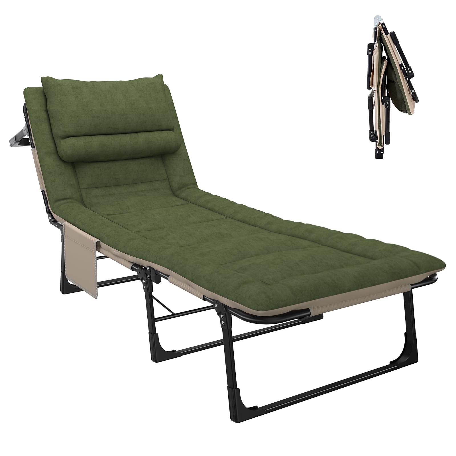 Brandina da Campeggio con Materasso, Schienale Regolabile in 6 Posizioni, Letto Campeggio con Cuscino, Tasca, capacità di 150 kg, Letto da Campeggio per Ufficio, Escursionismo