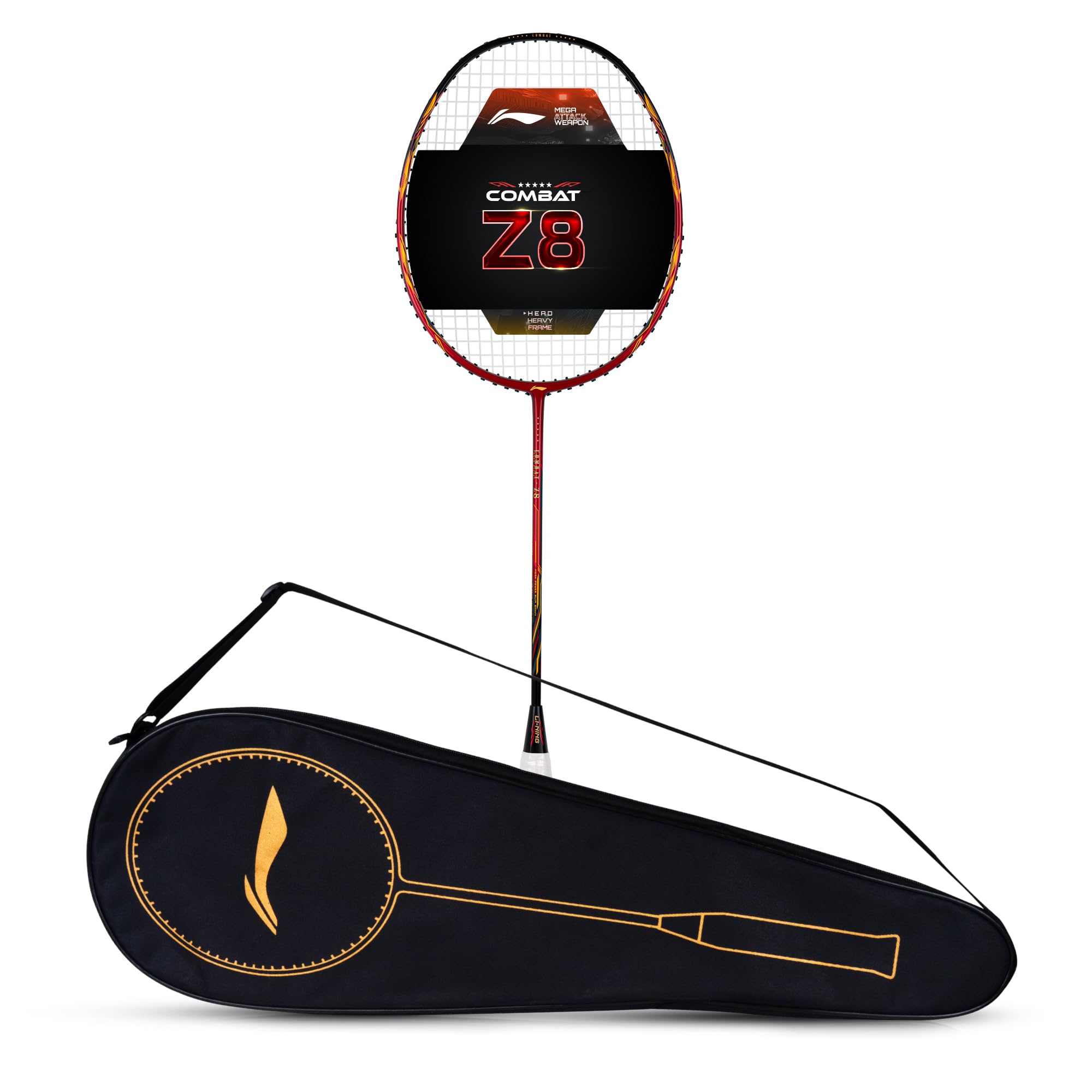 Li-Ning Combat Z8 Carbon Fibre Strung Badmiton Racket with Free Full Cover (Red/Black/Gold, 80 Grams)