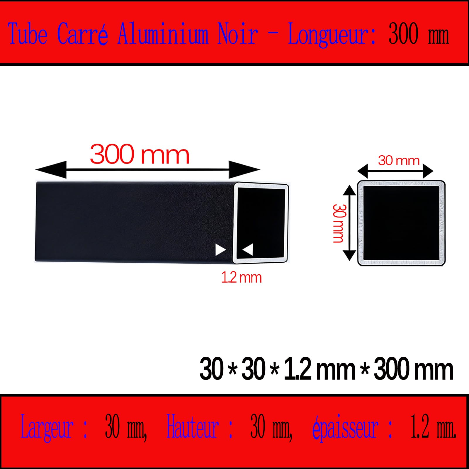 Tube carré en aluminium noir 30x30x1.2mm Lot de 4 pièces 300mm | Finition poudrage noir, pour pergola, cloison, aménagements extérieurs, facile à couper et assembler