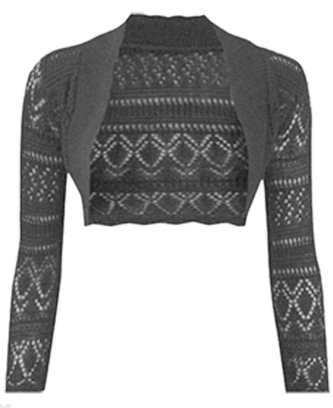 Fashion's island Ladies Crochet Knitted Open Front Bolero Shrug Womens Long Sleeve Crop Cardigan Charcoal