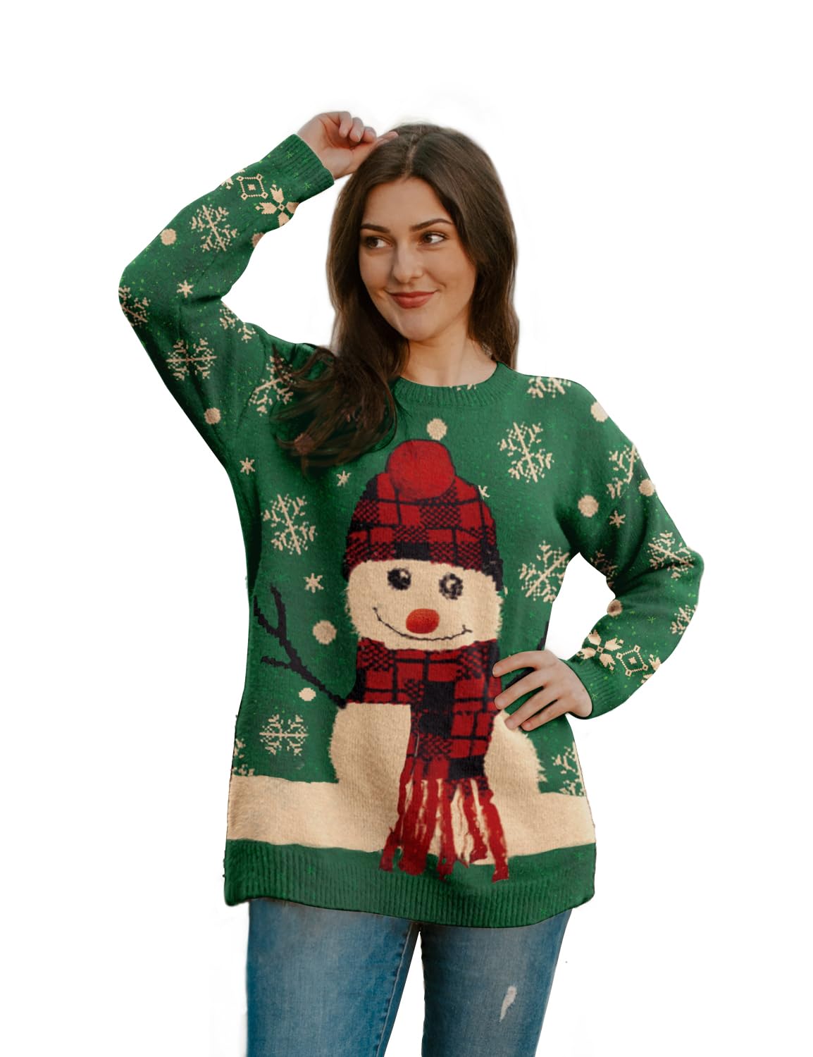 YESNO Women Christmas Sweater Graphic Printed Oversized Pullover Sweaters Casual Loose Knit Tops S01