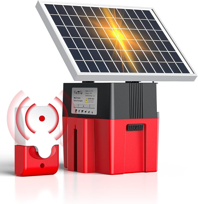 Solar Fence Charger 1.2J 20 Mile Dual Power Fence Energizer | 12000mAh battery with 8W solar charging ensures stable power supply, with short circuit alarm for safe fence operation