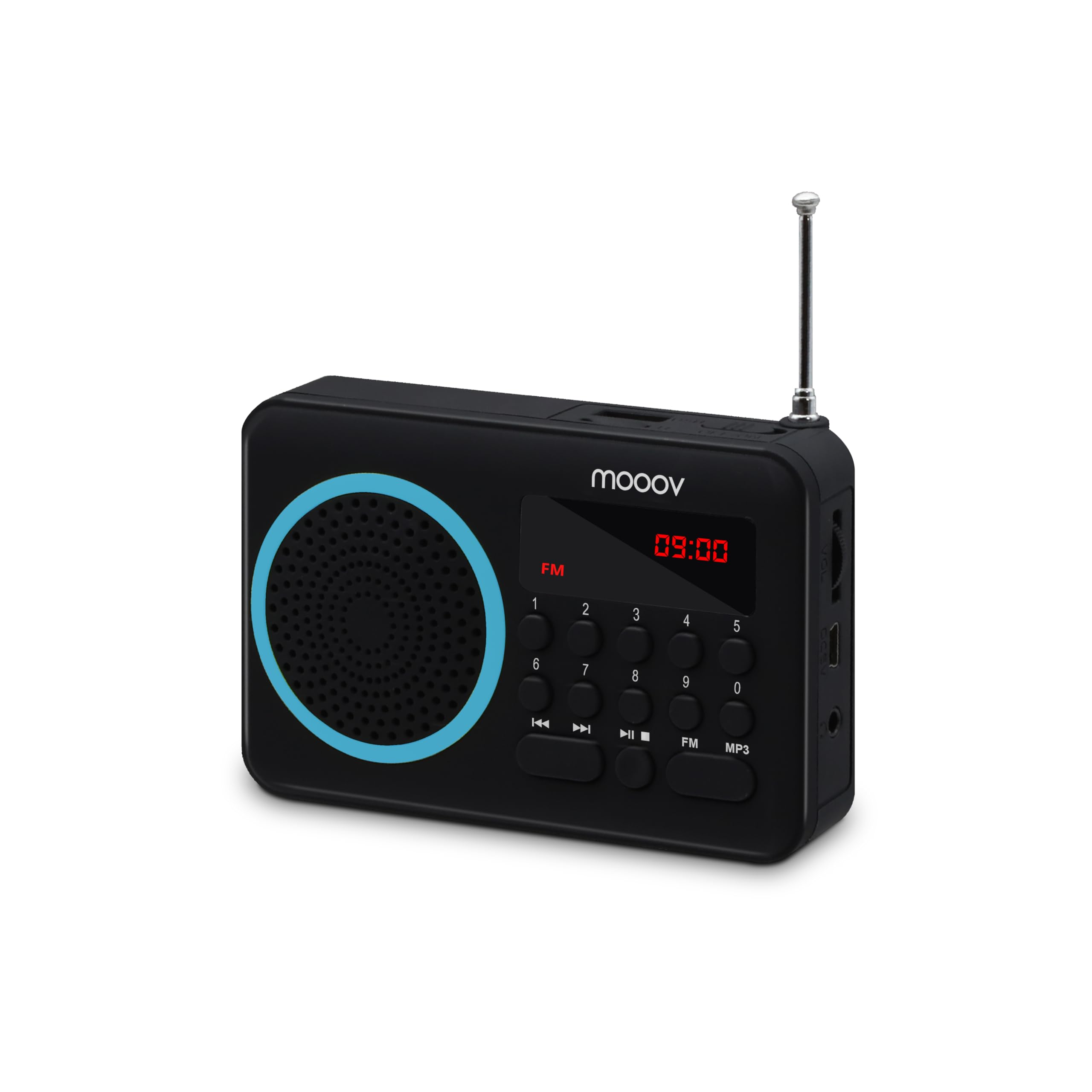 mooov 477203 Petite Radio Portable FM avec Batterie Rechargeable - Poste Transistor Radio Réception FM, Port USB, Lecteur Carte Micro SD - Noir / Bleu