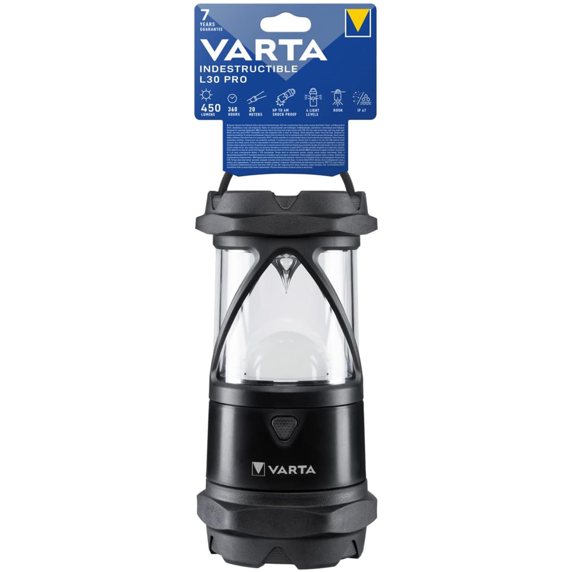 Varta Indestructible H30 Pro COB LED Lantern Farol, Incluye 6 x AA Longlife Power, Resistente al Agua y al Polvo, Absorbe los Golpes, Lente irrompible y Reflector