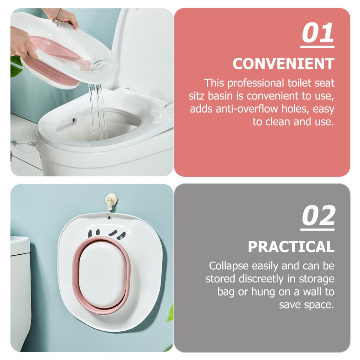 Uonlytech Bassin de Bain de Siège Pliable en Plastique Rose, Surface Lisse, Trou Anti-débordement, Soin Intime pour Post-partum et Patients Couleur Aléatoire