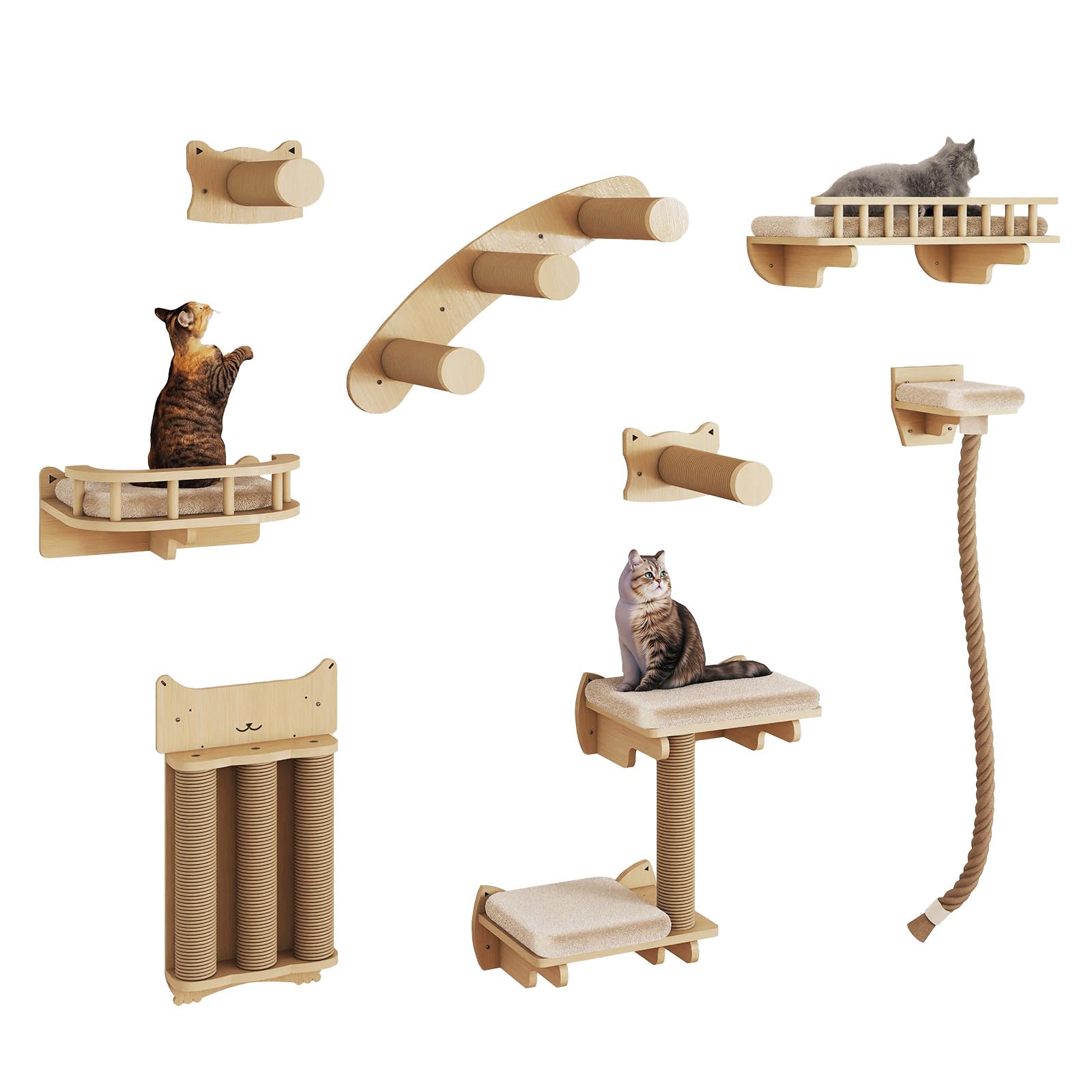 BYBYME Ensemble Mural d'escalade pour Chat en Bois Naturel, 8 pièces Robustes avec griffoirs, Plate-Forme pour Chaton, Corde en sisal de 100 cm et lit pour Dormir, Jouer et se détendre (Bois Naturel