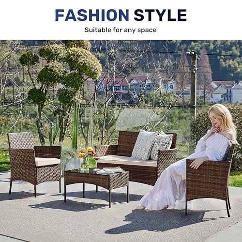YSSOA Patio Furniture Set 4 Pieces Outdoor Rattan Wicker Chairs with Soft Cushion and Glass Coffee Table, Waterproof Conversation Bistro Loveseat for Garden Lawn Yard, Porch Poolside, Brown - Image 7