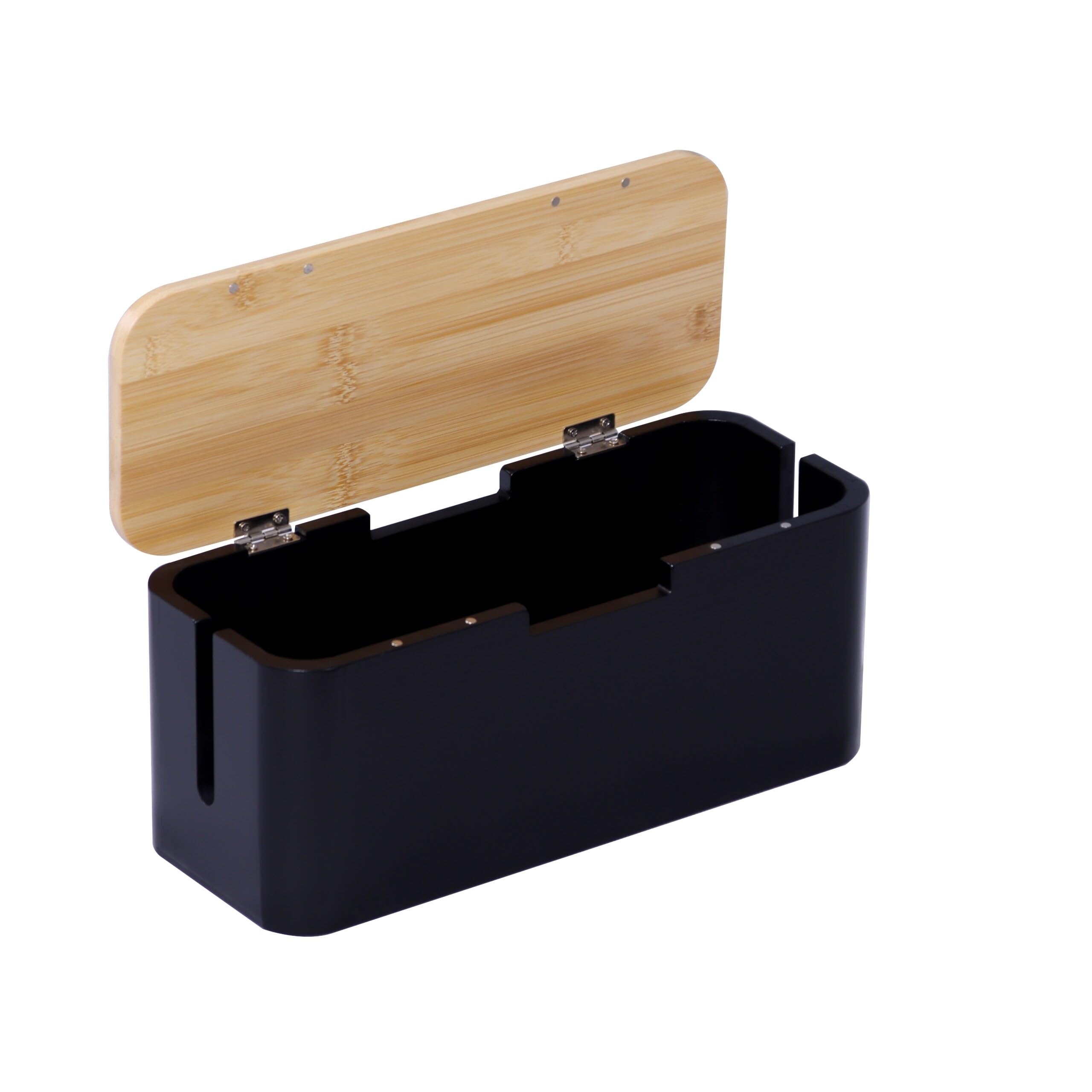 Relaxdays Scatola Porta Cavi in bambù, Coperchio, 14,5x34x13,5 cm, nasconde Cavi, Naturale/Nero