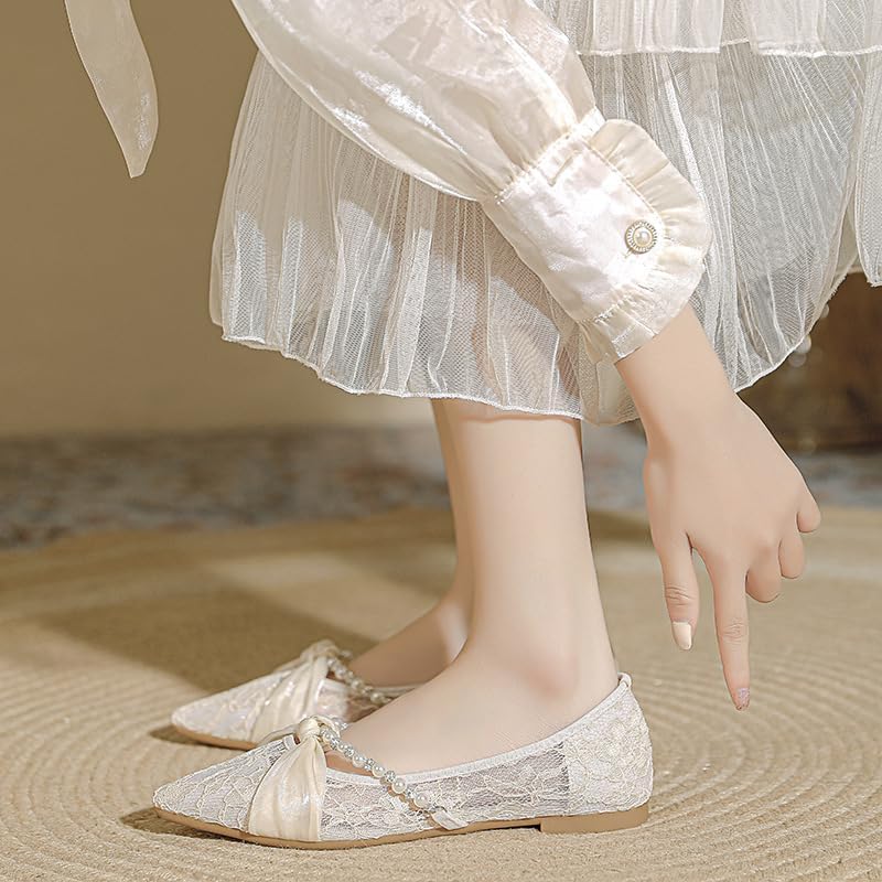Lace Ballet Flats for Women Pointed Toe Slip On Floral Lace Flat Comfy Dressy Rhinestones Lace Ivory Wedding Bride Shoe