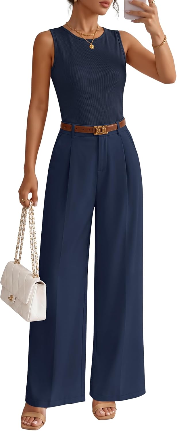 ZESICA Women's Summer 2 Piece Outfits Knit Tops Suit Pants Matching Lounge Vacation Set Dressy Business Casual Clothes