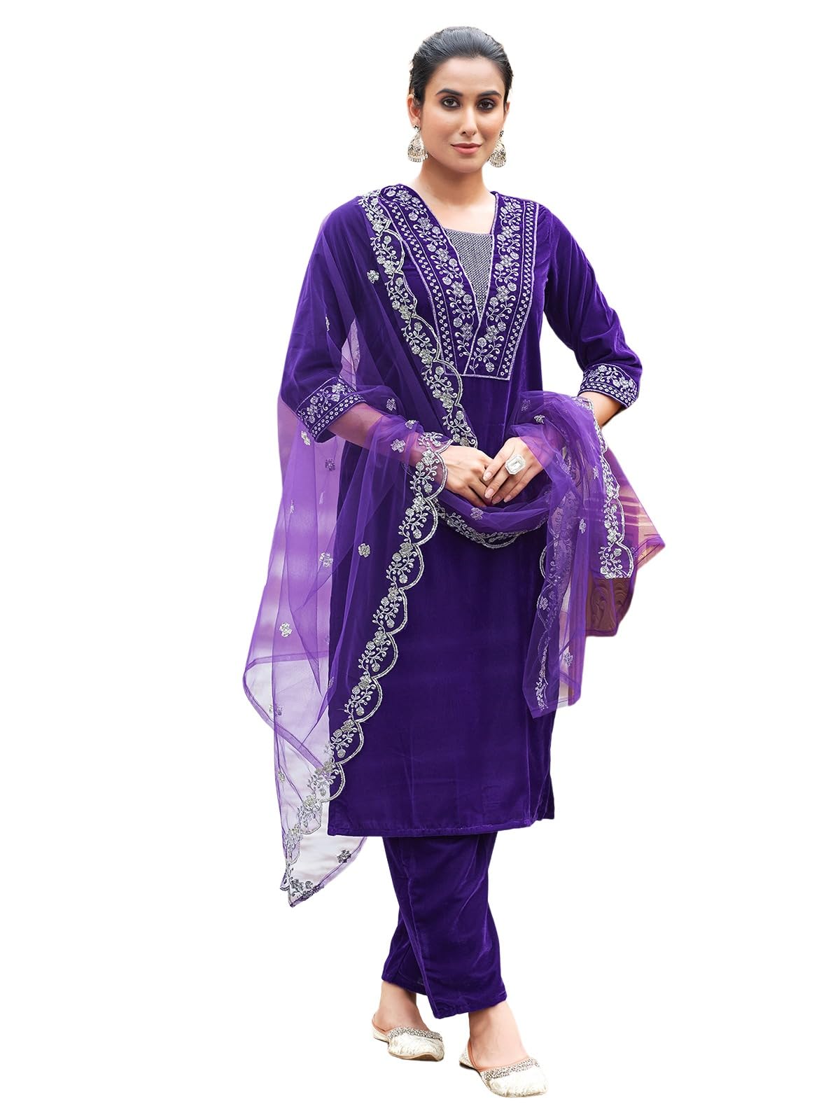 Sanisa Women's Velvet Sequins And Embroidery Work Straight Kurta With Pant And Dupatta Set (224Kbd2375N-Xxl_Violet)